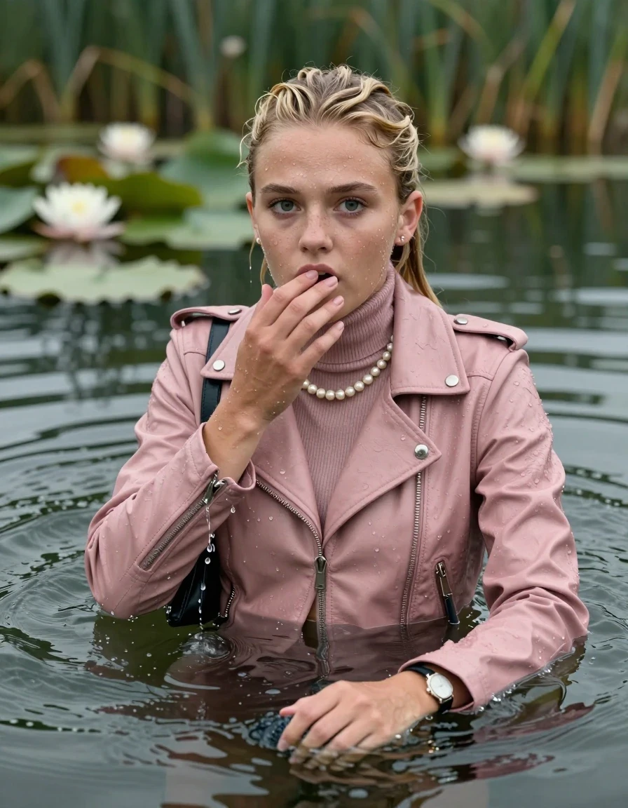 photo of young woman, in soaking wet, drenched clothes,
, , Light pink Biker leatherjacket, tight turtleneck sweater belly free, shoulderbag, pearl necklace, bracelet, wristwatch, drowning deep into the water after diving in a lake with water lilies and reeds, 
enjoying, wet clothes stuck to body,
detailed textures of the wet clothes, wet face, wet plastered hair,
wet, drenched, professional, high-quality details, full body view.
sharp focus, ultra-high pixel detail, realistic, high-quality, full colors, incredibly detailed, 4k, 8k, 16k, hyper-realistic, RAW photo, masterpiece, ultra-detailed, professionally color graded, professional photograph, Blonde Sleek ponytail 

15 years old  teenage girl

Looking up at camera, Whole body and shoulders are submerged under the surface. horny eyes. One hand on her mouth.

she is completely underwater up to her neck,  afraid and astonished expression. 

Threatens to drown.  Swimming Movements with Her Arms.

her submerged clothes are hardly vusible under water, she soaked her handbag into the water
she is completely underwater up to her neck, afraid and astonished expression. 

her clothing is soaking wet and clinging tightly to her skin, showing heavy wet folds, darkened fabric texture, and deep water-saturated Patches, her clothes are heavy from the water, water runs from her body and her clothes in streams. A lot of water also runs out of her clothes. Her clothes are darkened by the water. Her submerged clothes are good visible under the water.  she soaked her handbag into the water.

close up view, wet skin, wet clothes, wet hair, damp fabric, water runs down the clothes, wet skin, wet clothes, damp fabric. cinematic medium shot, hyper-realistic wetness, high-contrast water sheen, sharp focus, 16k resolution, professional photography, realistic water physics., wet skin, wet clothes, damp fabric, wet skin, wet clothes, damp fabric, wet skin, wet clothes, damp fabric