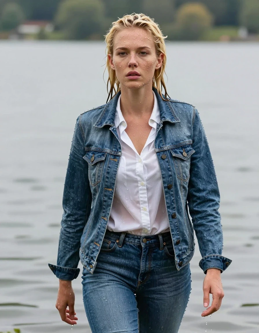 photo of young woman, in soaking wet, drenched clothes,
blue jeans, white shirt blouse, jeans jacket, lake, 
enjoying, wet clothes stuck to body,
detailed textures of the wet clothes, wet face, wet plastered hair,
wet, drenched, professional, high-quality details, full body view.
sharp focus, ultra-high pixel detail, realistic, high-quality, full colors, incredibly detailed, 4k, 8k, 16k, hyper-realistic, RAW photo, masterpiece, ultra-detailed, professionally color graded, professional photograph, durchnässt, nasse haare, blond, ganzkörper, wet skin, wet clothes, damp fabric