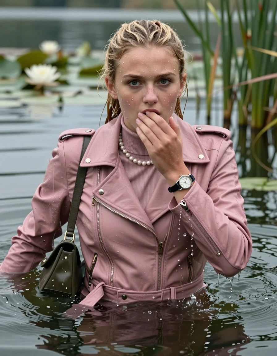 photo of young woman, in soaking wet, drenched clothes,
, , Light pink Biker leatherjacket, tight turtleneck sweater belly free, shoulderbag, pearl necklace, bracelet, wristwatch, drowning deep into the water after diving in a lake with water lilies and reeds, 
enjoying, wet clothes stuck to body,
detailed textures of the wet clothes, wet face, wet plastered hair,
wet, drenched, professional, high-quality details, full body view.
sharp focus, ultra-high pixel detail, realistic, high-quality, full colors, incredibly detailed, 4k, 8k, 16k, hyper-realistic, RAW photo, masterpiece, ultra-detailed, professionally color graded, professional photograph, Blonde Sleek ponytail 

15 years old  teenage girl

Looking up at camera, Whole body and shoulders are submerged under the surface. horny eyes. One hand on her mouth.

she is completely underwater up to her neck,  afraid and astonished expression. 

Threatens to drown.  Swimming Movements with Her Arms.

her submerged clothes are hardly vusible under water, she soaked her handbag into the water
she is completely underwater up to her neck, afraid and astonished expression. 

her clothing is soaking wet and clinging tightly to her skin, showing heavy wet folds, darkened fabric texture, and deep water-saturated Patches, her clothes are heavy from the water, water runs from her body and her clothes in streams. A lot of water also runs out of her clothes. Her clothes are darkened by the water. Her submerged clothes are good visible under the water.  she soaked her handbag into the water.

close up view, wet skin, wet clothes, wet hair, damp fabric, water runs down the clothes, wet skin, wet clothes, damp fabric. cinematic medium shot, hyper-realistic wetness, high-contrast water sheen, sharp focus, 16k resolution, professional photography, realistic water physics., wet skin, wet clothes, damp fabric, wet skin, wet clothes, damp fabric, wet skin, wet clothes, damp fabric