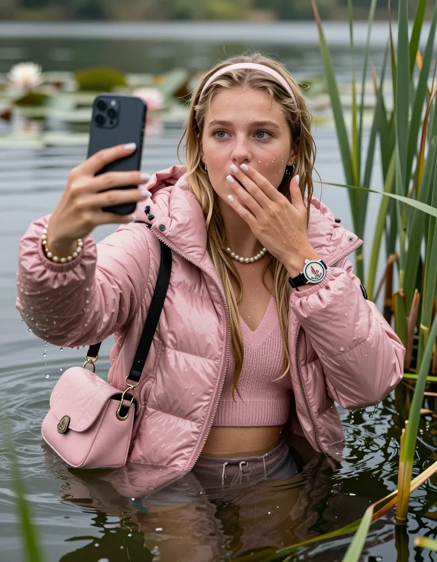 photo of young woman, in soaking wet, drenched clothes,
, , Pink Moncler shiny puffer down jacket, Knit v-neck slipover belly free, shoulderbag, pearl necklace, bracelet, wristwatch, Go back in the water after diving in a lake with water lilies and reeds, 
enjoying, wet clothes stuck to body,
detailed textures of the wet clothes, wet face, wet plastered hair,
wet, drenched, professional, high-quality details, full body view.
sharp focus, ultra-high pixel detail, realistic, high-quality, full colors, incredibly detailed, 4k, 8k, 16k, hyper-realistic, RAW photo, masterpiece, ultra-detailed, professionally color graded, professional photograph, Blonde sleek Long straight hair, hairband

15 years old  teenage girl

Looking at camera, open mouth, horny eyes. Cover her mouth with her hand. Take a Selfie with the other hand. Whole body and shoulders are submerged under the surface.

she is completely underwater up to her neck,  shocked expression.

She hides in the reeds.

her submerged clothes are hardly visible under water, she soaked her handbag into the water. 

her clothing is soaking wet and clinging tightly to her skin, her clothes are heavy from the water, water runs from her body and her clothes in streams. A lot of water also runs out of her clothes. Her clothes are darkened by the water. Her submerged clothes are good visible under the water.  she soaked her handbag into the water.

close up view, wet skin, wet clothes, wet hair, damp fabric, water runs down the clothes, wet skin, wet clothes, damp fabric. cinematic medium shot, hyper-realistic wetness, high-contrast water sheen, sharp focus, 16k resolution, professional photography, realistic water physics., wet skin, wet clothes, damp fabric, wet skin, wet clothes, damp fabric, wet skin, wet clothes, damp fabric, wet skin, wet clothes, damp fabric