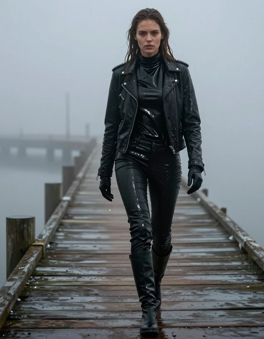 A photorealistic full-body shot of a young adult European woman with long, dripping wet brown hair, walking along a wooden pier at the docks during a heavy, atmospheric mist. She is wearing an oversize black vinyl turtleneck shirt with a high-gloss wet sheen, a black biker leather jacket, and black leather gloves. Her legs are clad in black leather jeans, which are visibly soaked, clinging to her skin with heavy wet folds, dark saturated patches, and intense specular highlights reflecting the ambient light. She is wearing black leather knee-high boots that are slick and wet. Her skin is drenched, with water droplets and a glistening sheen, and her clothes are heavy with absorbed moisture. The environment is dark and moody, with dense fog rolling over the pier, creating a cinematic, high-contrast look. The image captures sharp details, realistic textures of wet leather and vinyl, and a somber, drenched aesthetic. No nudity, clean and professional photography, high-resolution textures.