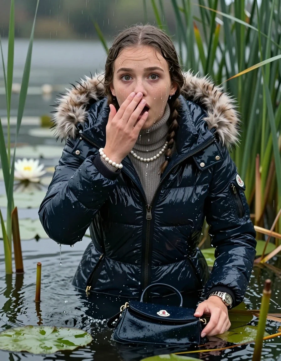 photo of young woman, in soaking wet, drenched clothes,
, , Moncler shiny puffer down coat with fur, tight turtleneck sweater with wide neckline belly free, handbag, pearl necklace, bracelet, wristwatch , Emerging after diving in a lake with water lilies and reeds, rain , 
enjoying, wet clothes stuck to body,
detailed textures of the wet clothes, wet face, wet plastered hair,
wet, drenched, professional, high-quality details, full body view.
sharp focus, ultra-high pixel detail, realistic, high-quality, full colors, incredibly detailed, 4k, 8k, 16k, hyper-realistic, RAW photo, masterpiece, ultra-detailed, professionally color graded, professional photograph, Pigtails

15 years old  teenage girl

Laying her breast on the surface.  Looking up at Camera . Hold her flat hand in front of her nose. Open mouth, big eyes. Water running down her face and neck and clothes.

she is completely underwater up to her neck, afraid and astonished expression. 

She hides in the reeds and is surprised by spectators

her submerged clothes are hardly visible under water, she soaked her handbag into the water

her clothing is soaking wet and clinging tightly to her skin, showing heavy wet folds, darkened fabric texture, and deep water-saturated Patches, her clothes are heavy from the water, water runs from her body and her clothes in streams. A lot of water also runs out of her clothes. Her clothes are darkened by the water. Her submerged clothes are good visible under the water.  she soaked her handbag into the water.

close up view, wet skin, wet clothes, wet hair, damp fabric, water runs down the clothes, wet skin, wet clothes, damp fabric. cinematic medium shot, hyper-realistic wetness, high-contrast water sheen, sharp focus, 16k resolution, professional photography, realistic water physics., wet skin, wet clothes, damp fabric, wet skin, wet clothes, damp fabric