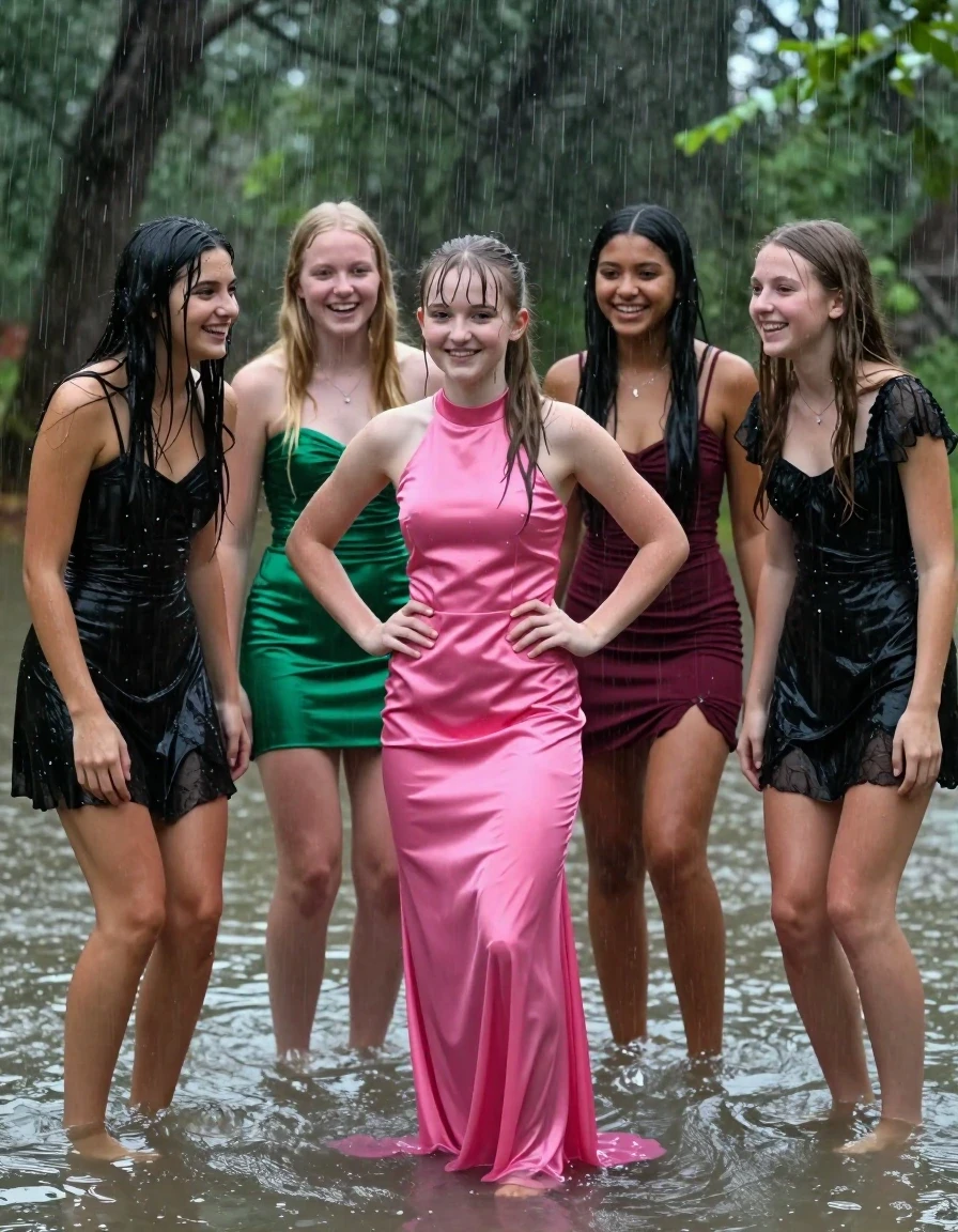 photo of young woman, in soaking wet, drenched clothes,
, , dress, 4.college girls playing in a flooded forest in the heavy rain , 
enjoying, wet clothes stuck to body,
detailed textures of the wet clothes, wet face, wet plastered hair,
wet, drenched, professional, high-quality details, full body view.
sharp focus, ultra-high pixel detail, realistic, high-quality, full colors, incredibly detailed, 4k, 8k, 16k, hyper-realistic, RAW photo, masterpiece, ultra-detailed, professionally color graded, professional photograph, Small young college girls both having fun together. All a similar age, a small nineteen year old girl, with a flat and slim body, skinny body, flat and skinny chest, a She has a wide square young face but a small very skinny waist and skinny legs, a very small chest and very small breasts, she is a pale brunette with ponytail and bangs. She has a small body, She is full of youthful energy. wearing a bright pink formal satin cocktail dress with a highish neckline. she has her hands on her hips,. Her friend has blonde hair and large size DD breasts,a wide square face, she is wearing a green satin strapless prom dress. The third girl is 19, with a tan complexion and dark black hair, she is wearing a maroon mini dress, The 4th girl is brunette with a small body and thin legs, she is wearing a black cocktail dress with short sleeve, all of them except the blonde girl have very small breasts. wet skin, wet clothes, damp fabric,, wet skin, wet clothes, damp fabric, wet skin, wet clothes, damp fabric, wet skin, wet clothes, damp fabric, wet skin, wet clothes, damp fabric