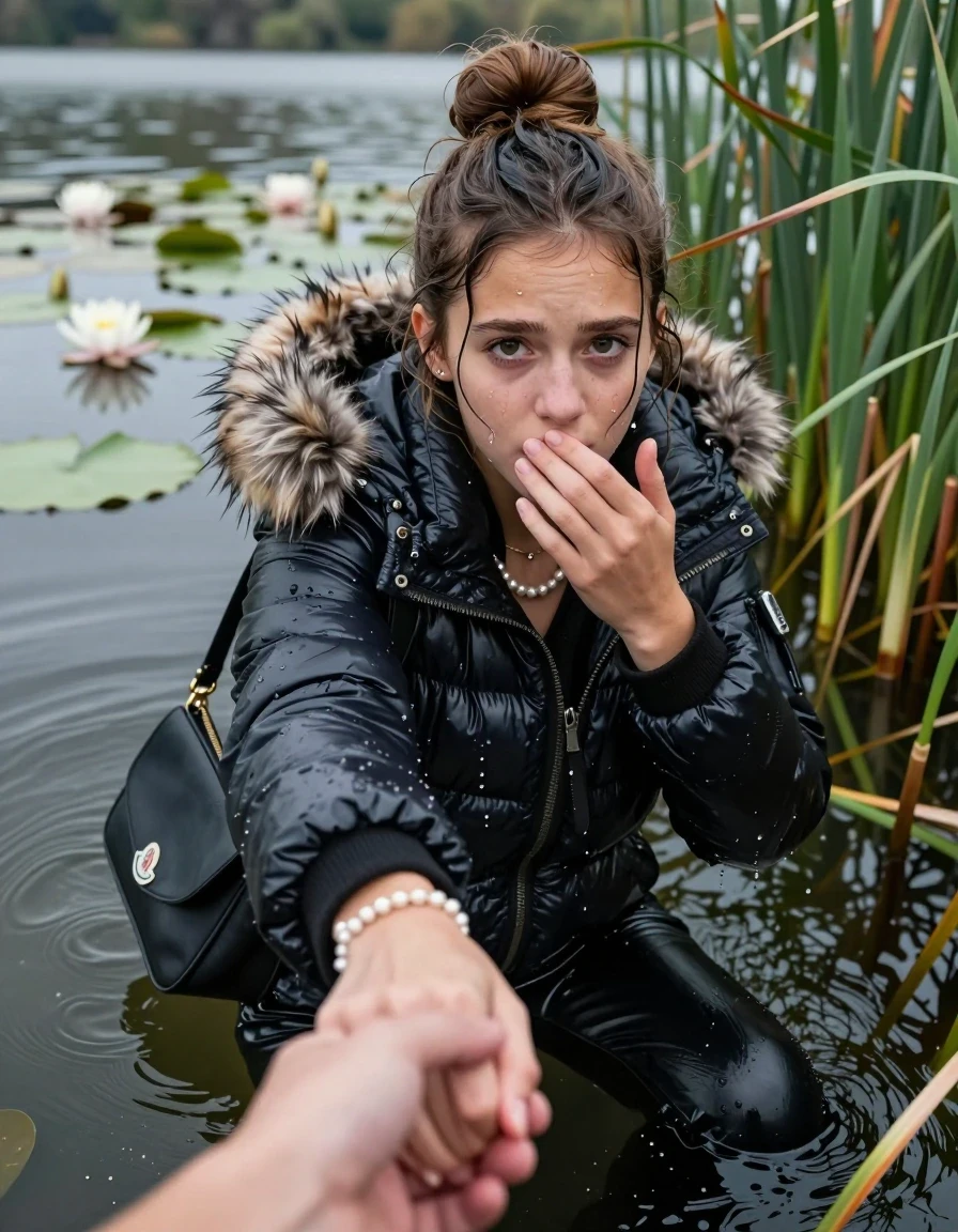photo of young woman, in soaking wet, drenched clothes,
, black leatherleggings , Moncler shiny puffer down coat with fur, v-neck sweater, shoulderbag, pearl necklace, bracelet, wristwatch, Go back in the water after diving in a lake with water lilies and reeds, 
enjoying, wet clothes stuck to body,
detailed textures of the wet clothes, wet face, wet plastered hair,
wet, drenched, professional, high-quality details, full body view.
sharp focus, ultra-high pixel detail, realistic, high-quality, full colors, incredibly detailed, 4k, 8k, 16k, hyper-realistic, RAW photo, masterpiece, ultra-detailed, professionally color graded, professional photograph, Topknot

15 years old  teenage girl

Looking slightly away, open mouth, big eyes. hold with a hand the viewer's hand, pulling them toward the center of the water.  The other hand covers her mouth. Whole body and shoulders are submerged under the surface. Looking up at camera. horny eyes.

she is completely underwater up to her neck,  sad but enjoying expression.

She hides in the reeds.

her submerged clothes are hardly vusible under water, she soaked her handbag into the water
she is completely underwater up to her neck, afraid and astonished expression. 

her clothing is soaking wet and clinging tightly to her skin, showing heavy wet folds, darkened fabric texture, and deep water-saturated Patches, her clothes are heavy from the water, water runs from her body and her clothes in streams. A lot of water also runs out of her clothes. Her clothes are darkened by the water. Her submerged clothes are good visible under the water.  she soaked her handbag into the water.

close up view, wet skin, wet clothes, wet hair, damp fabric, water runs down the clothes, wet skin, wet clothes, damp fabric. cinematic medium shot, hyper-realistic wetness, high-contrast water sheen, sharp focus, 16k resolution, professional photography, realistic water physics., wet skin, wet clothes, damp fabric, wet skin, wet clothes, damp fabric