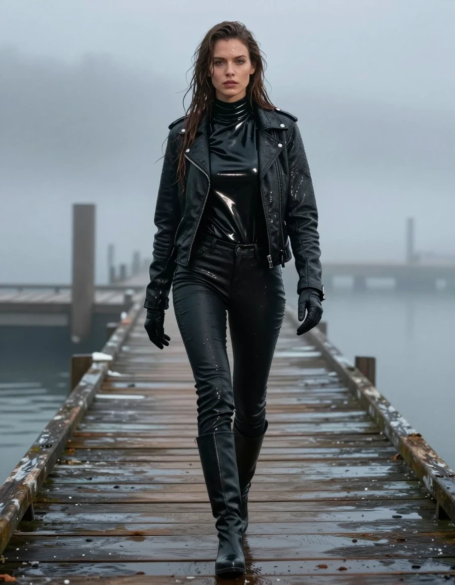 A photorealistic full-body shot of a young adult European woman with long, dripping wet brown hair, walking along a weathered wooden pier at the docks. She is wearing an oversize black vinyl turtleneck shirt with a high-gloss, reflective finish, layered under a rugged black biker leather jacket, with black leather gloves on both hands. Her legs are clad in black leather jeans, fitted and clinging to her form with visible wet sheen and heavy folds. She wears black leather knee-high boots. The subject is completely drenched, with glistening wet skin and hair, and clothing that shows heavy water saturation, dark soaked fabric, and water-sheen reflections. The environment is atmospheric and moody, characterized by heavy, dense mist swirling around the docks, creating a cinematic, high-contrast look. The lighting is cold and diffused, highlighting the glossy textures of the vinyl and leather against the damp, dark surroundings. High-resolution, sharp focus, 8k, professional photography, realistic textures, no nudity, clean anatomy, no bare skin areas beyond face and hands.