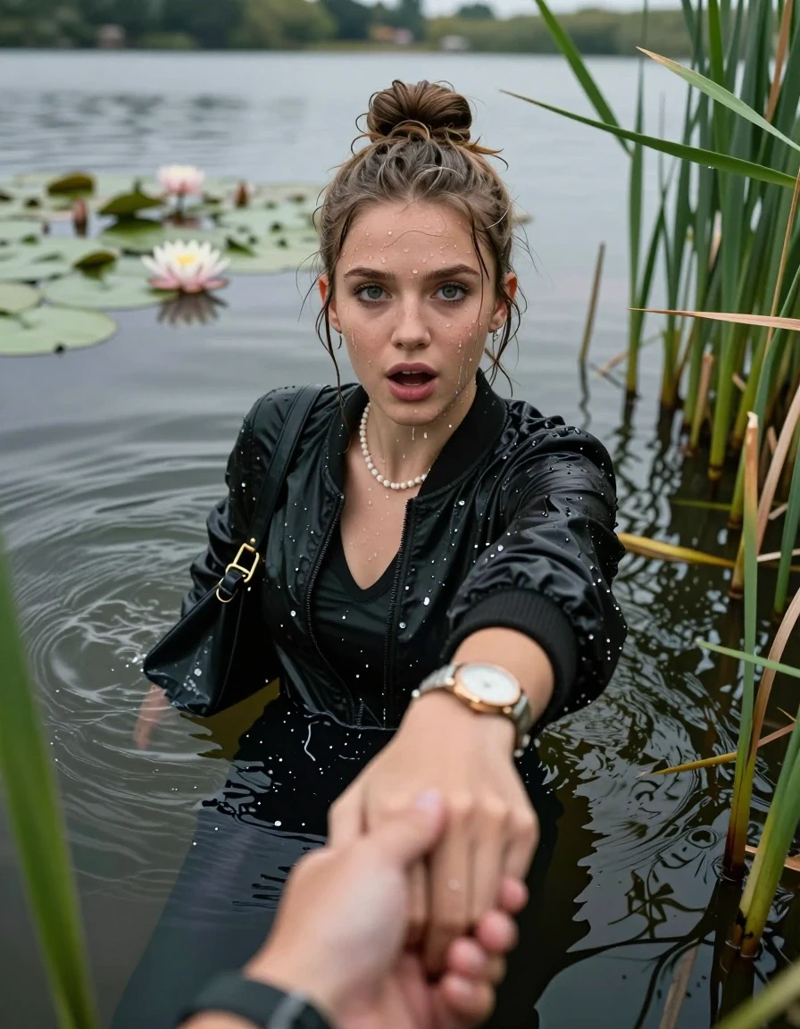 photo of young woman, in soaking wet, drenched clothes,
, black leatherleggings , Bomber jacket, v-neck sweater, shoulderbag, pearl necklace, bracelet, wristwatch, Go back deep into the water after diving in a lake with water lilies and reeds, 
enjoying, wet clothes stuck to body,
detailed textures of the wet clothes, wet face, wet plastered hair,
wet, drenched, professional, high-quality details, full body view.
sharp focus, ultra-high pixel detail, realistic, high-quality, full colors, incredibly detailed, 4k, 8k, 16k, hyper-realistic, RAW photo, masterpiece, ultra-detailed, professionally color graded, professional photograph, Topknot

15 years old  teenage girl

Looking up, head in the neck, open mouth, big eyes. hold with her hands the other the viewer's hand, pulling them toward the center of the water.  Whole body and shoulders are submerged under the surface. Looking up at camera. horny eyes.

she is completely underwater up to her neck,  afraid and astonished expression.

She hides in the reeds.

her submerged clothes are hardly vusible under water, she soaked her handbag into the water
she is completely underwater up to her neck, afraid and astonished expression. 

her clothing is soaking wet and clinging tightly to her skin, showing heavy wet folds, darkened fabric texture, and deep water-saturated Patches, her clothes are heavy from the water, water runs from her body and her clothes in streams. A lot of water also runs out of her clothes. Her clothes are darkened by the water. Her submerged clothes are good visible under the water.  she soaked her handbag into the water.

close up view, wet skin, wet clothes, wet hair, damp fabric, water runs down the clothes, wet skin, wet clothes, damp fabric. cinematic medium shot, hyper-realistic wetness, high-contrast water sheen, sharp focus, 16k resolution, professional photography, realistic water physics., wet skin, wet clothes, damp fabric, wet skin, wet clothes, damp fabric, wet skin, wet clothes, damp fabric
