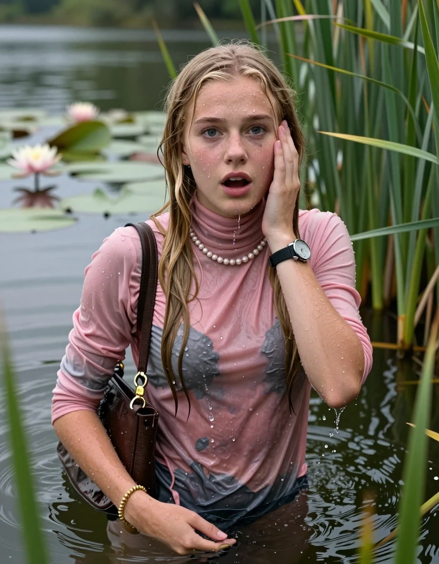 photo of young woman, in soaking wet, drenched clothes,
, , Pink Turtleneck sweater belly free , shoulderbag, pearl necklace, bracelet, wristwatch, Go back in the water after diving in a lake with water lilies and reeds, 
enjoying, wet clothes stuck to body,
detailed textures of the wet clothes, wet face, wet plastered hair,
wet, drenched, professional, high-quality details, full body view.
sharp focus, ultra-high pixel detail, realistic, high-quality, full colors, incredibly detailed, 4k, 8k, 16k, hyper-realistic, RAW photo, masterpiece, ultra-detailed, professionally color graded, professional photograph, Slim  Blonde sleek Long straight hair

15 years old  teenage girl

Looking at camera, open mouth, big eyes. Hold a hand on her face. Whole body and shoulders are submerged under the surface.

she is completely underwater up to her neck,  horny and shocked expression.

She hides in the reeds.

her submerged clothes are hardly vusible under water, she soaked her handbag into the water

her clothing is soaking wet and clinging tightly to her skin, showing heavy wet folds, darkened fabric texture, and deep water-saturated Patches, her clothes are heavy from the water, water runs from her body and her clothes in streams. A lot of water also runs out of her clothes. Her clothes are darkened by the water. Her submerged clothes are good visible under the water.  she soaked her handbag into the water.

close up view, wet skin, wet clothes, wet hair, damp fabric, water runs down the clothes, wet skin, wet clothes, damp fabric. cinematic medium shot, hyper-realistic wetness, high-contrast water sheen, sharp focus, 16k resolution, professional photography, realistic water physics., wet skin, wet clothes, damp fabric, wet skin, wet clothes, damp fabric, wet skin, wet clothes, damp fabric