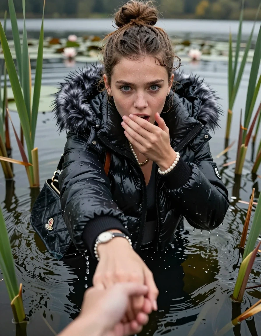 photo of young woman, in soaking wet, drenched clothes,
, black leatherleggings , Moncler shiny puffer down coat with fur, v-neck sweater, shoulderbag, pearl necklace, bracelet, wristwatch, Go back in the water after diving in a lake with water lilies and reeds, 
enjoying, wet clothes stuck to body,
detailed textures of the wet clothes, wet face, wet plastered hair,
wet, drenched, professional, high-quality details, full body view.
sharp focus, ultra-high pixel detail, realistic, high-quality, full colors, incredibly detailed, 4k, 8k, 16k, hyper-realistic, RAW photo, masterpiece, ultra-detailed, professionally color graded, professional photograph, Topknot

15 years old  teenage girl

open mouth, big eyes. 0ne hand on her mouth, hold with the other the viewer's hand, pulling them toward the center of the water.  Whole body and shoulders are submerged under the surface. Looking up at camera. horny eyes.

she is completely underwater up to her neck,  horny and sexuell aroused expression.

She hides in the reeds.

her submerged clothes are hardly vusible under water, she soaked her handbag into the water
she is completely underwater up to her neck, afraid and astonished expression. 

her clothing is soaking wet and clinging tightly to her skin, showing heavy wet folds, darkened fabric texture, and deep water-saturated Patches, her clothes are heavy from the water, water runs from her body and her clothes in streams. A lot of water also runs out of her clothes. Her clothes are darkened by the water. Her submerged clothes are good visible under the water.  she soaked her handbag into the water.

close up view, wet skin, wet clothes, wet hair, damp fabric, water runs down the clothes, wet skin, wet clothes, damp fabric. cinematic medium shot, hyper-realistic wetness, high-contrast water sheen, sharp focus, 16k resolution, professional photography, realistic water physics., wet skin, wet clothes, damp fabric, wet skin, wet clothes, damp fabric