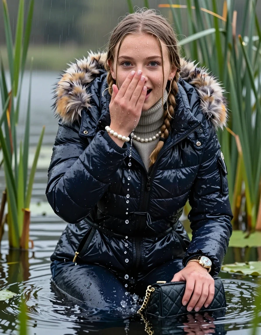 photo of young woman, in soaking wet, drenched clothes,
, , Moncler shiny puffer down coat with fur, tight turtleneck sweater with wide neckline belly free, handbag, pearl necklace, bracelet, wristwatch , Emerging after diving in a lake with water lilies and reeds, rain , 
enjoying, wet clothes stuck to body,
detailed textures of the wet clothes, wet face, wet plastered hair,
wet, drenched, professional, high-quality details, full body view.
sharp focus, ultra-high pixel detail, realistic, high-quality, full colors, incredibly detailed, 4k, 8k, 16k, hyper-realistic, RAW photo, masterpiece, ultra-detailed, professionally color graded, professional photograph, Blonde Pigtails

15 years old  teenage girl

Laying her breast on the surface.  Looking up at Camera . Hold her flat hand in front of her nose. Water running down her face and neck and clothes.

she is completely underwater up to her neck, afraid and astonished expression but she giggles anyway.

She hides in the reeds and is surprised by spectators

her submerged clothes are hardly visible under water, she soaked her handbag into the water

her clothing is soaking wet and clinging tightly to her skin, showing heavy wet folds, darkened fabric texture, and deep water-saturated Patches, her clothes are heavy from the water, water runs from her body and her clothes in streams. A lot of water also runs out of her clothes. Her clothes are darkened by the water. Her submerged clothes are good visible under the water.  she soaked her handbag into the water.

close up view, wet skin, wet clothes, wet hair, damp fabric, water runs down the clothes, wet skin, wet clothes, damp fabric. cinematic medium shot, hyper-realistic wetness, high-contrast water sheen, sharp focus, 16k resolution, professional photography, realistic water physics., wet skin, wet clothes, damp fabric, wet skin, wet clothes, damp fabric
