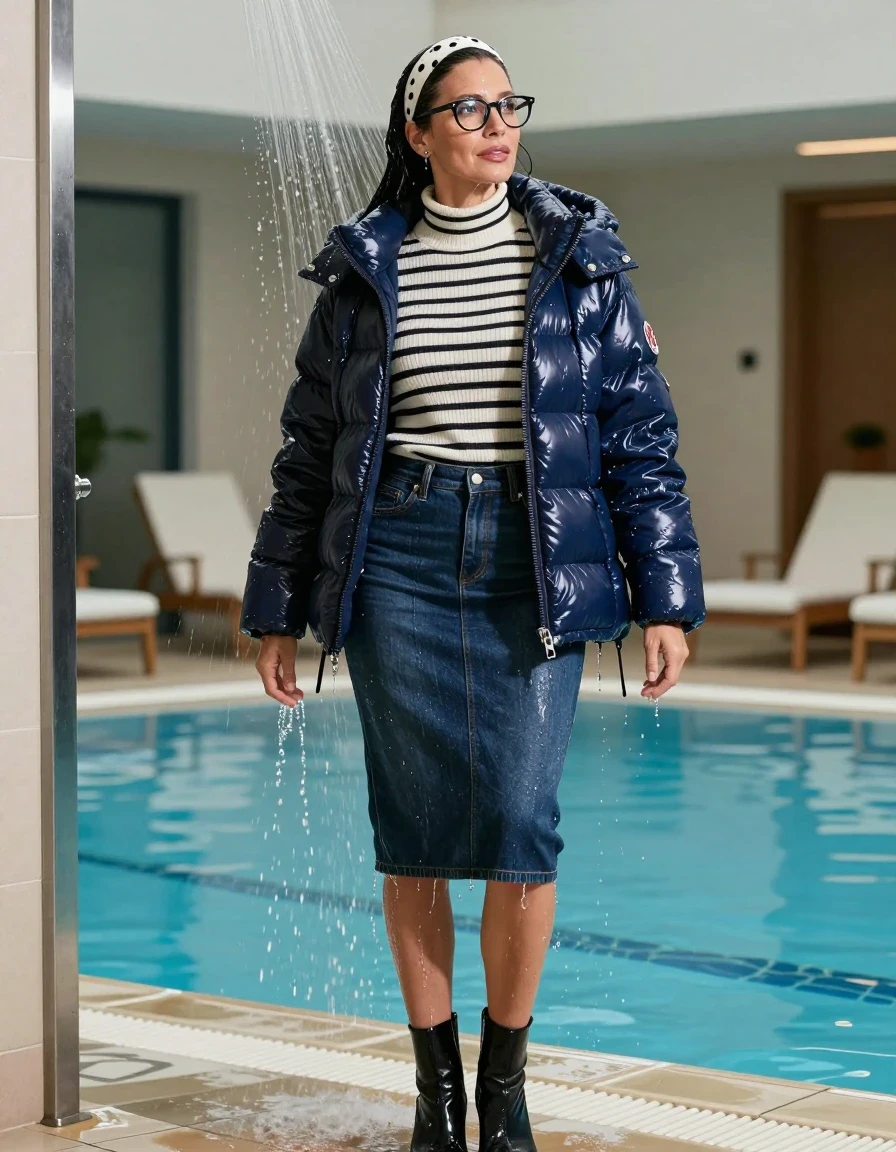 photo of young woman, in soaking wet, drenched clothes,
high-heeled boots, midi dark blue denim skirt, white & black striped high-neck sweater, maxi dark blue Moncler Shiny puffer down jacket, taking shower after bath in indoor swimming pool, enjoying wet clothes stuck body, enjoying, wet clothes stuck to body, 
enjoying, wet clothes stuck to body,
detailed textures of the wet clothes, wet face, wet plastered hair,
wet, drenched, professional, high-quality details, full body view.
sharp focus, ultra-high pixel detail, realistic, high-quality, full colors, incredibly detailed, 4k, 8k, 16k, hyper-realistic, RAW photo, masterpiece, ultra-detailed, professionally color graded, professional photograph, europen brunette skinny woman 50 years old, long dark black hair, white headband with black polka dots, office glasses, very big and thick lips, complete body, wet skin, wet clothes, damp fabric, wet skin, wet clothes, damp fabric, wet skin, wet clothes, damp fabric, wet skin, wet clothes, damp fabric, wet skin, wet clothes, damp fabric, wet skin, wet clothes, damp fabric, wet skin, wet clothes, damp fabric