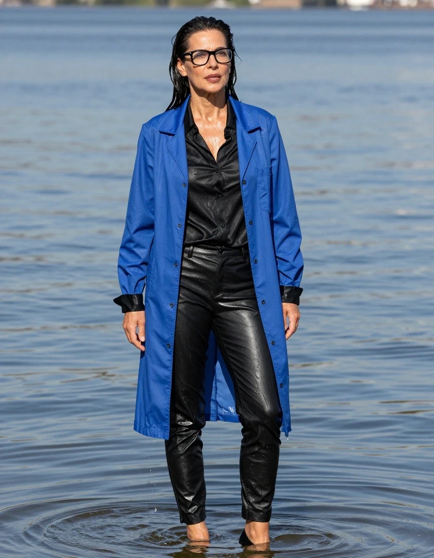 photo of young woman, in soaking wet, drenched clothes,
black shoes with high heels, long black leather trousers, black silk satin shirt with long sleeves, maxi blue labcoat, complete submerged in sunny lake, enjoying wet clothes stuck body, enjoying, wet clothes stuck to body, 
enjoying, wet clothes stuck to body,
detailed textures of the wet clothes, wet face, wet plastered hair,
wet, drenched, professional, high-quality details, full body view.
sharp focus, ultra-high pixel detail, realistic, high-quality, full colors, incredibly detailed, 4k, 8k, 16k, hyper-realistic, RAW photo, masterpiece, ultra-detailed, professionally color graded, professional photograph, europen brunette skinny woman 50 years old, long dark black hair, office glasses, very big and thick lips, complete body, wet skin, wet clothes, damp fabric, wet skin, wet clothes, damp fabric, wet skin, wet clothes, damp fabric, wet skin, wet clothes, damp fabric, wet skin, wet clothes, damp fabric, wet skin, wet clothes, damp fabric, wet skin, wet clothes, damp fabric