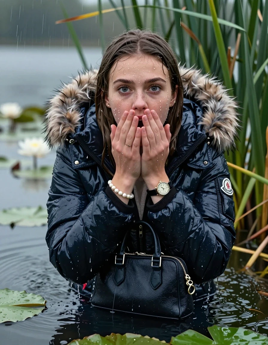 photo of young woman, in soaking wet, drenched clothes,
, , Moncler shiny puffer down coat with fur, tight turtleneck sweater with wide neckline belly free, handbag, pearl necklace, bracelet, wristwatch , Emerging after diving in a lake with water lilies and reeds, rain , 
enjoying, wet clothes stuck to body,
detailed textures of the wet clothes, wet face, wet plastered hair,
wet, drenched, professional, high-quality details, full body view.
sharp focus, ultra-high pixel detail, realistic, high-quality, full colors, incredibly detailed, 4k, 8k, 16k, hyper-realistic, RAW photo, masterpiece, ultra-detailed, professionally color graded, professional photograph, Sleek long straight hair

15 years old  teenage girl

Laying her breast on the surface.  Looking up at Camera . Hold her flat hands on her mouth. Water running down her face and neck and clothes.

she is completely underwater up to her neck, afraid and astonished expression but she giggles anyway.  Look incredulous.

She hides in the reeds and is surprised by spectators

her submerged clothes are hardly visible under water, she soaked her handbag into the water

her clothing is soaking wet and clinging tightly to her skin, showing heavy wet folds, darkened fabric texture, and deep water-saturated Patches, her clothes are heavy from the water, water runs from her body and her clothes in streams. A lot of water also runs out of her clothes. Her clothes are darkened by the water. Her submerged clothes are good visible under the water.  she soaked her handbag into the water.

close up view, wet skin, wet clothes, wet hair, damp fabric, water runs down the clothes, wet skin, wet clothes, damp fabric. cinematic medium shot, hyper-realistic wetness, high-contrast water sheen, sharp focus, 16k resolution, professional photography, realistic water physics., wet skin, wet clothes, damp fabric, wet skin, wet clothes, damp fabric