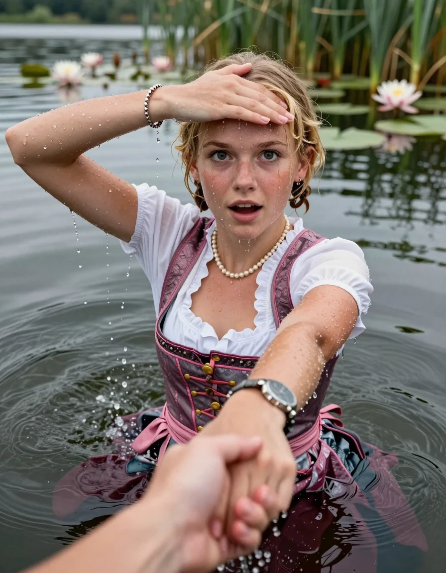 photo of young woman, in soaking wet, drenched clothes,
, , Short pink and white Dirndl, shoulderbag, pearl necklace, bracelet, wristwatch, Go back deep into the water after diving in a lake with water lilies and reeds, 
enjoying, wet clothes stuck to body,
detailed textures of the wet clothes, wet face, wet plastered hair,
wet, drenched, professional, high-quality details, full body view.
sharp focus, ultra-high pixel detail, realistic, high-quality, full colors, incredibly detailed, 4k, 8k, 16k, hyper-realistic, RAW photo, masterpiece, ultra-detailed, professionally color graded, professional photograph, Blonde Pigtails

15 years old  teenage girl

Looking up at camera, open mouth, big eyes. hold with a hand the other the viewer's hand, pulling them toward the center of the water. One hand in front of her forehead. Whole body and shoulders are submerged under the surface. Looking up at camera. horny eyes.

she is completely underwater up to her neck,  afraid and astonished expression. Slightly smile.

her submerged clothes are hardly vusible under water, she soaked her handbag into the water
she is completely underwater up to her neck, afraid and astonished expression. 

her clothing is soaking wet and clinging tightly to her skin, showing heavy wet folds, darkened fabric texture, and deep water-saturated Patches, her clothes are heavy from the water, water runs from her body and her clothes in streams. A lot of water also runs out of her clothes. Her clothes are darkened by the water. Her submerged clothes are good visible under the water.  she soaked her handbag into the water.

close up view, wet skin, wet clothes, wet hair, damp fabric, water runs down the clothes, wet skin, wet clothes, damp fabric. cinematic medium shot, hyper-realistic wetness, high-contrast water sheen, sharp focus, 16k resolution, professional photography, realistic water physics., wet skin, wet clothes, damp fabric, wet skin, wet clothes, damp fabric, wet skin, wet clothes, damp fabric