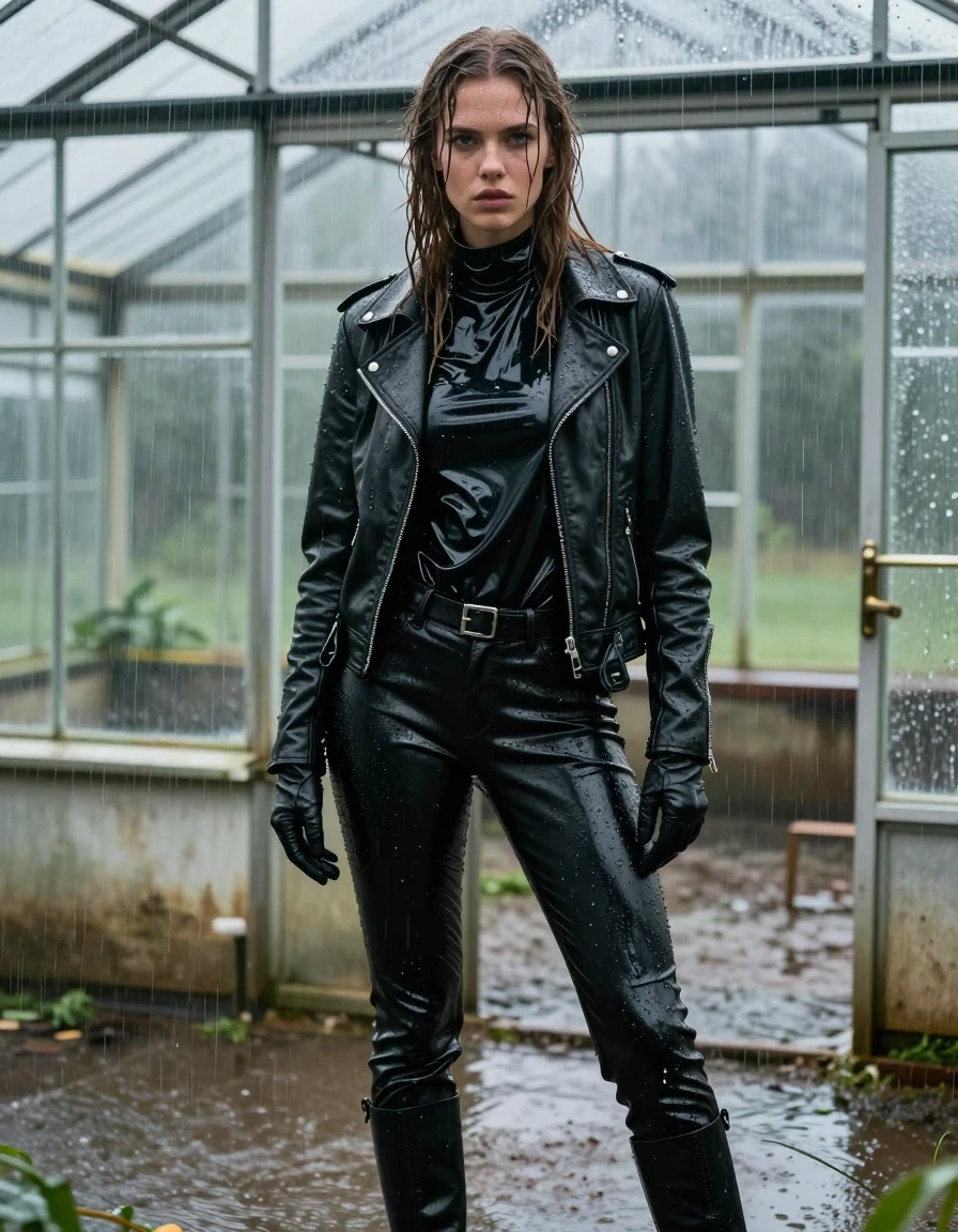 A photorealistic full-body shot of a young adult European woman with long, dripping wet brown hair, standing inside a leaking greenhouse during a torrential downpour. She is wearing an oversized black vinyl polar neck shirt that clings to her frame with high-gloss wet sheen, a heavy black biker's leather jacket, and black leather jeans that are soaked through, showing deep saturated tones and heavy wet folds. She wears black leather gloves on both hands and black leather knee-high boots. Her skin is glistening with water, and her clothes are visibly damp, heavy, and saturated, with water cascading off the fabric. The environment is a rustic greenhouse with glass panes leaking streams of water, heavy rain blurring the background, and puddles on the ground. Professional photography, high contrast, sharp focus on wet textures, cinematic lighting capturing the specular reflections on the vinyl and leather, realistic water droplets, 8k resolution, highly detailed, no nudity, clean anatomy, fully clothed.