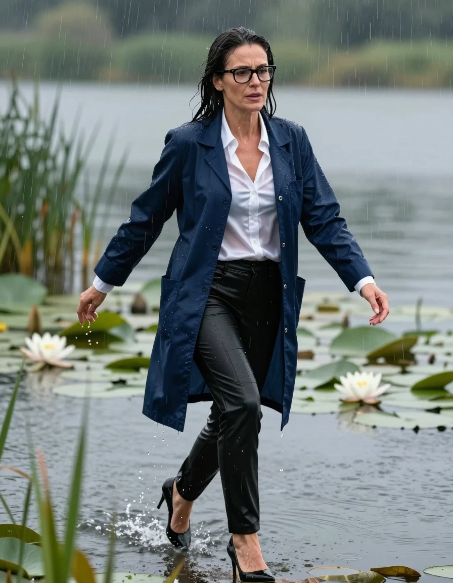 photo of young woman, in soaking wet, drenched clothes,
black shoes with high heels, long black leather trousers, white silk satin shirt, maxi dark blue labcoat, Emerging after diving in a lake with water lilies and reeds, rain,, enjoying wet clothes stuck body, enjoying, wet clothes stuck to body, 
enjoying, wet clothes stuck to body,
detailed textures of the wet clothes, wet face, wet plastered hair,
wet, drenched, professional, high-quality details, full body view.
sharp focus, ultra-high pixel detail, realistic, high-quality, full colors, incredibly detailed, 4k, 8k, 16k, hyper-realistic, RAW photo, masterpiece, ultra-detailed, professionally color graded, professional photograph, europen brunette skinny woman 50 years old, long dark black hair, office glasses, very big and thick lips, complete body, wet skin, wet clothes, damp fabric, wet skin, wet clothes, damp fabric, wet skin, wet clothes, damp fabric, wet skin, wet clothes, damp fabric, wet skin, wet clothes, damp fabric, wet skin, wet clothes, damp fabric, wet skin, wet clothes, damp fabric