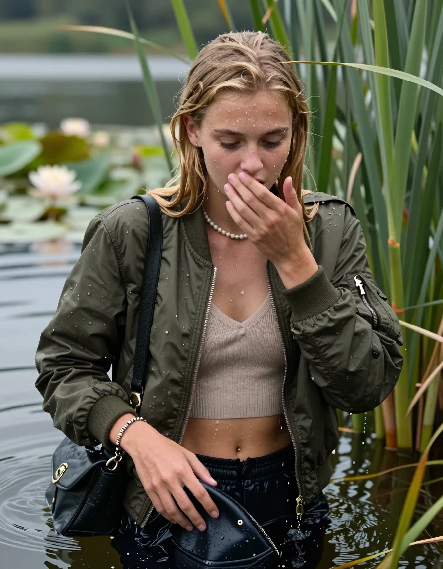 photo of young woman, in soaking wet, drenched clothes,
, , Bomber jacket, Knit v-neck slipover belly free, shoulderbag, pearl necklace, bracelet, wristwatch, Go back in the water after diving in a lake with water lilies and reeds, 
enjoying, wet clothes stuck to body,
detailed textures of the wet clothes, wet face, wet plastered hair,
wet, drenched, professional, high-quality details, full body view.
sharp focus, ultra-high pixel detail, realistic, high-quality, full colors, incredibly detailed, 4k, 8k, 16k, hyper-realistic, RAW photo, masterpiece, ultra-detailed, professionally color graded, professional photograph, Slim  Blonde sleek Long straight hair

15 years old  teenage girl

Looking down, open mouth, horny eyes. Cover her mouth with her hand. Whole body and shoulders are submerged under the surface.

she is completely underwater up to her neck,  shocked expression.

She hides in the reeds.

her submerged clothes are hardly vusible under water, she soaked her handbag into the water

her clothing is soaking wet and clinging tightly to her skin, showing heavy wet folds, darkened fabric texture, and deep water-saturated Patches, her clothes are heavy from the water, water runs from her body and her clothes in streams. A lot of water also runs out of her clothes. Her clothes are darkened by the water. Her submerged clothes are good visible under the water.  she soaked her handbag into the water.

close up view, wet skin, wet clothes, wet hair, damp fabric, water runs down the clothes, wet skin, wet clothes, damp fabric. cinematic medium shot, hyper-realistic wetness, high-contrast water sheen, sharp focus, 16k resolution, professional photography, realistic water physics., wet skin, wet clothes, damp fabric, wet skin, wet clothes, damp fabric, wet skin, wet clothes, damp fabric, wet skin, wet clothes, damp fabric
