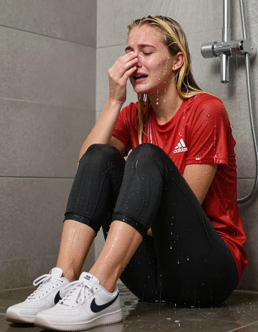 photo of young woman, in soaking wet, drenched clothes,
white nike sneakers, black socks, capri leggins, red adidas t shirt, shower, 
enjoying, wet clothes stuck to body,
detailed textures of the wet clothes, wet face, wet plastered hair,
wet, drenched, professional, high-quality details, full body view.
sharp focus, ultra-high pixel detail, realistic, high-quality, full colors, incredibly detailed, 4k, 8k, 16k, hyper-realistic, RAW photo, masterpiece, ultra-detailed, professionally color graded, professional photograph, sitting under shower, crying, blonde girl with long hair, wet skin, wet clothes, damp fabric