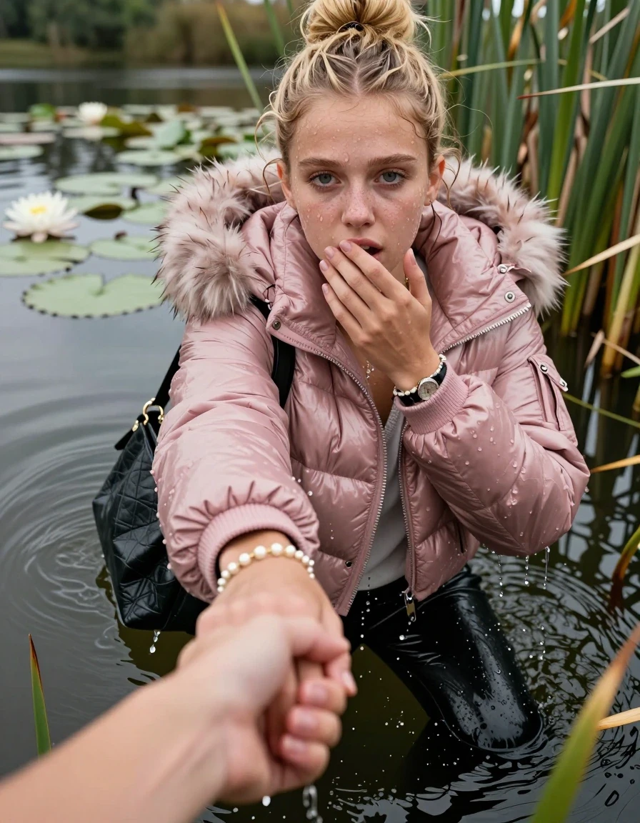 photo of young woman, in soaking wet, drenched clothes,
, black leatherleggings , Pink Moncler shiny puffer down coat with fur, v-neck sweater, shoulderbag, pearl necklace, bracelet, wristwatch, Go back in the water after diving in a lake with water lilies and reeds, 
enjoying, wet clothes stuck to body,
detailed textures of the wet clothes, wet face, wet plastered hair,
wet, drenched, professional, high-quality details, full body view.
sharp focus, ultra-high pixel detail, realistic, high-quality, full colors, incredibly detailed, 4k, 8k, 16k, hyper-realistic, RAW photo, masterpiece, ultra-detailed, professionally color graded, professional photograph, Blonde Topknot

15 years old  teenage girl

Looking slightly away, open mouth, big eyes. hold with a hand the viewer's hand, pulling them toward the center of the water.  The other hand covers her mouth. Whole body and shoulders are submerged under the surface. Looking up at camera. horny eyes.

she is completely underwater up to her neck,  sad but enjoying expression.

She hides in the reeds.

her submerged clothes are hardly vusible under water, she soaked her handbag into the water
she is completely underwater up to her neck, afraid and astonished expression. 

her clothing is soaking wet and clinging tightly to her skin, showing heavy wet folds, darkened fabric texture, and deep water-saturated Patches, her clothes are heavy from the water, water runs from her body and her clothes in streams. A lot of water also runs out of her clothes. Her clothes are darkened by the water. Her submerged clothes are good visible under the water.  she soaked her handbag into the water.

close up view, wet skin, wet clothes, wet hair, damp fabric, water runs down the clothes, wet skin, wet clothes, damp fabric. cinematic medium shot, hyper-realistic wetness, high-contrast water sheen, sharp focus, 16k resolution, professional photography, realistic water physics., wet skin, wet clothes, damp fabric, wet skin, wet clothes, damp fabric