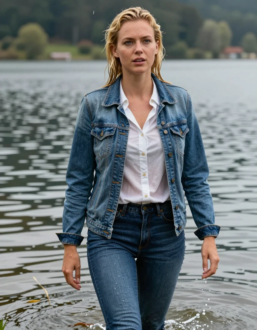 photo of young woman, in soaking wet, drenched clothes,
blue jeans, white shirt blouse, jeans jacket, lake, 
enjoying, wet clothes stuck to body,
detailed textures of the wet clothes, wet face, wet plastered hair,
wet, drenched, professional, high-quality details, full body view.
sharp focus, ultra-high pixel detail, realistic, high-quality, full colors, incredibly detailed, 4k, 8k, 16k, hyper-realistic, RAW photo, masterpiece, ultra-detailed, professionally color graded, professional photograph, durchnässt, nasse haare, blond, ganzkörper, wet skin, wet clothes, damp fabric