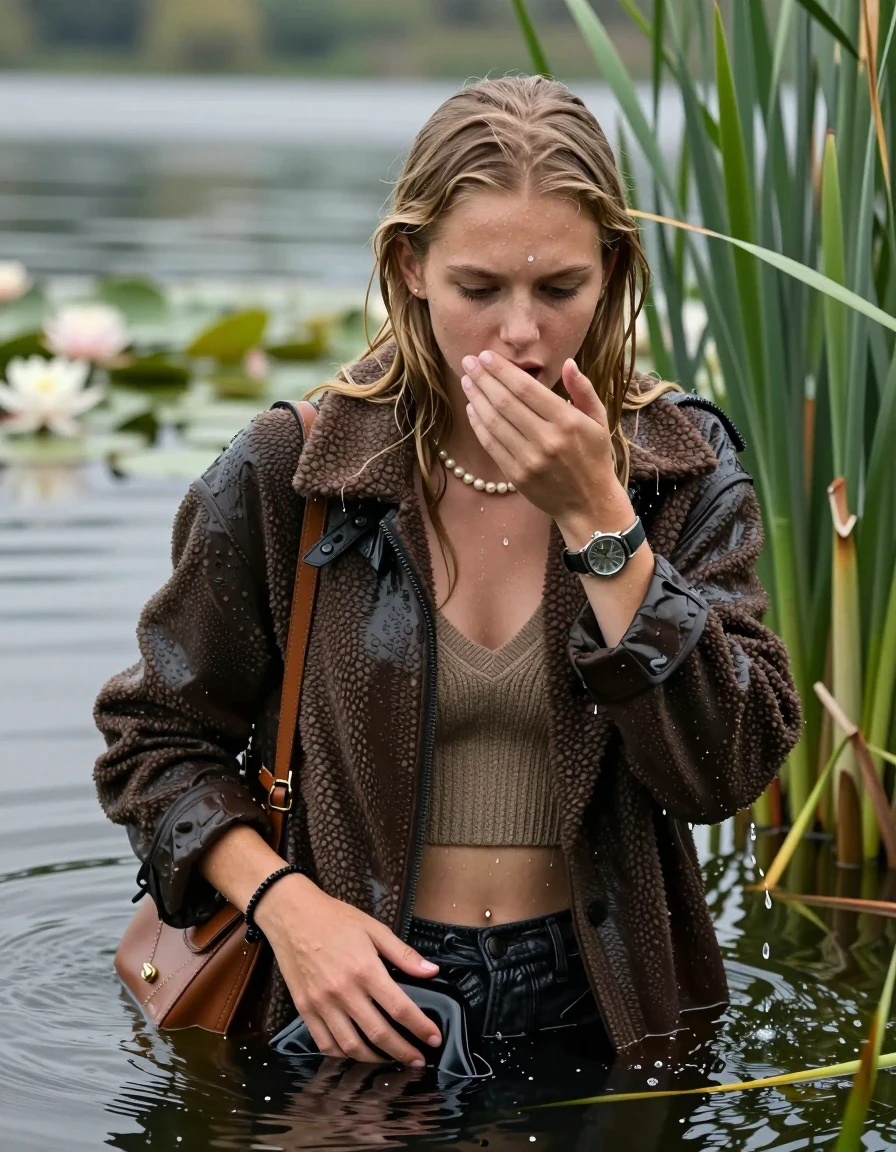 photo of young woman, in soaking wet, drenched clothes,
, , Teddy jacket, Knit v-neck slipover belly free, shoulderbag, pearl necklace, bracelet, wristwatch, Go back in the water after diving in a lake with water lilies and reeds, 
enjoying, wet clothes stuck to body,
detailed textures of the wet clothes, wet face, wet plastered hair,
wet, drenched, professional, high-quality details, full body view.
sharp focus, ultra-high pixel detail, realistic, high-quality, full colors, incredibly detailed, 4k, 8k, 16k, hyper-realistic, RAW photo, masterpiece, ultra-detailed, professionally color graded, professional photograph, Slim  Blonde sleek Long straight hair

15 years old  teenage girl

Looking down, open mouth, horny eyes. Cover her mouth with her hand. Whole body and shoulders are submerged under the surface.

she is completely underwater up to her neck,  shocked expression.

She hides in the reeds.

her submerged clothes are hardly vusible under water, she soaked her handbag into the water

her clothing is soaking wet and clinging tightly to her skin, showing heavy wet folds, darkened fabric texture, and deep water-saturated Patches, her clothes are heavy from the water, water runs from her body and her clothes in streams. A lot of water also runs out of her clothes. Her clothes are darkened by the water. Her submerged clothes are good visible under the water.  she soaked her handbag into the water.

close up view, wet skin, wet clothes, wet hair, damp fabric, water runs down the clothes, wet skin, wet clothes, damp fabric. cinematic medium shot, hyper-realistic wetness, high-contrast water sheen, sharp focus, 16k resolution, professional photography, realistic water physics., wet skin, wet clothes, damp fabric, wet skin, wet clothes, damp fabric, wet skin, wet clothes, damp fabric, wet skin, wet clothes, damp fabric