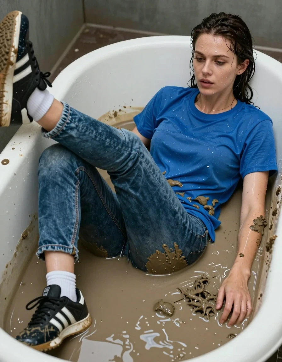photo of young woman, in soaking wet, drenched clothes,
black adidas sneakers, white socks, long jeans, blue t shirt, mud tub, 
enjoying, wet clothes stuck to body,
detailed textures of the wet clothes, wet face, wet plastered hair,
wet, drenched, professional, high-quality details, full body view.
sharp focus, ultra-high pixel detail, realistic, high-quality, full colors, incredibly detailed, 4k, 8k, 16k, hyper-realistic, RAW photo, masterpiece, ultra-detailed, professionally color graded, professional photograph, lying in tub full of mud, one leg out, wet skin, wet clothes, damp fabric