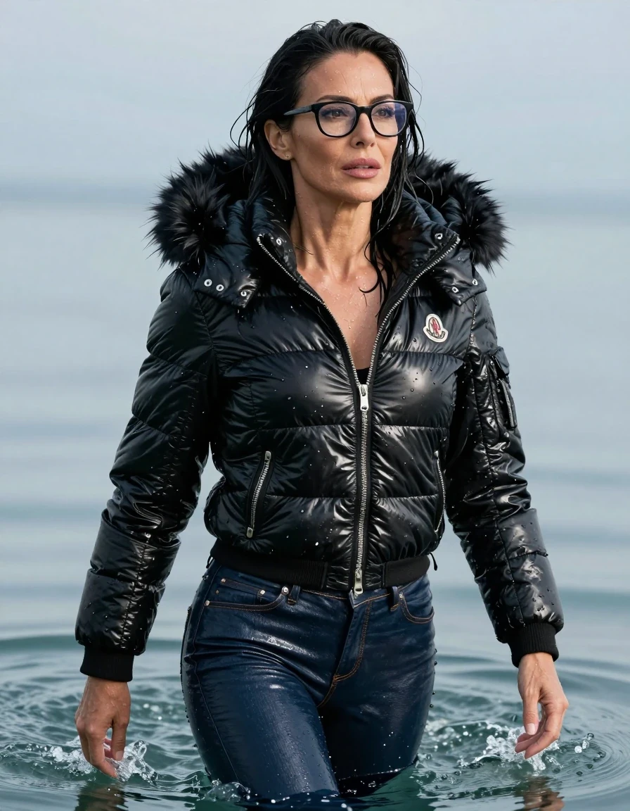 photo of young woman, in soaking wet, drenched clothes,
, long dark blue leather jeans, black Moncler Shiny puffer down jacket with fur, swimming under water, enjoying wet clothes stuck body, enjoying, wet clothes stuck to body, 
enjoying, wet clothes stuck to body,
detailed textures of the wet clothes, wet face, wet plastered hair,
wet, drenched, professional, high-quality details, full body view.
sharp focus, ultra-high pixel detail, realistic, high-quality, full colors, incredibly detailed, 4k, 8k, 16k, hyper-realistic, RAW photo, masterpiece, ultra-detailed, professionally color graded, professional photograph, europen brunette skinny woman 50 years old, long dark black hair, office glasses, very big and thick lips, complete body, wet skin, wet clothes, damp fabric, wet skin, wet clothes, damp fabric, wet skin, wet clothes, damp fabric, wet skin, wet clothes, damp fabric, wet skin, wet clothes, damp fabric, wet skin, wet clothes, damp fabric, wet skin, wet clothes, damp fabric