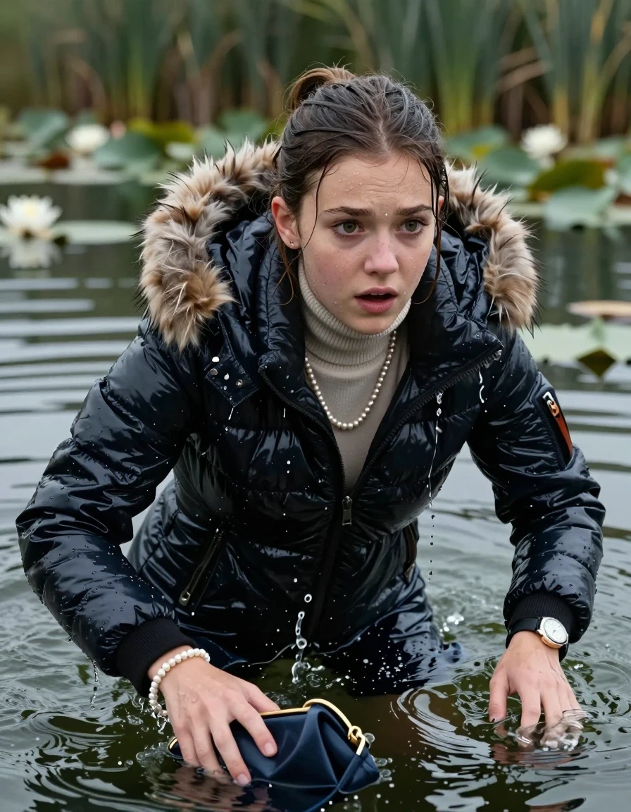 photo of young woman, in soaking wet, drenched clothes,
, , Moncler shiny puffer down jacket with fur, tight turtleneck sweater belly free, shoulderbag, pearl necklace, bracelet, wristwatch, Swimming and sinking deep into the water after diving in a lake with water lilies and reeds, 
enjoying, wet clothes stuck to body,
detailed textures of the wet clothes, wet face, wet plastered hair,
wet, drenched, professional, high-quality details, full body view.
sharp focus, ultra-high pixel detail, realistic, high-quality, full colors, incredibly detailed, 4k, 8k, 16k, hyper-realistic, RAW photo, masterpiece, ultra-detailed, professionally color graded, professional photograph, Sleek ponytail 

15 years old  teenage girl

Looking up at camera, Whole body and shoulders are submerged under the surface. horny eyes.

she is completely underwater up to her neck,  fearful and shocked expression. 

Leaning forward. Swimming Movements with Her Arms.

her submerged clothes are hardly vusible under water, she soaked her handbag into the water
she is completely underwater up to her neck, afraid and astonished expression. 

her clothing is soaking wet and clinging tightly to her skin, showing heavy wet folds, darkened fabric texture, and deep water-saturated Patches, her clothes are heavy from the water, water runs from her body and her clothes in streams. A lot of water also runs out of her clothes. Her clothes are darkened by the water. Her submerged clothes are good visible under the water.  she soaked her handbag into the water.

close up view, wet skin, wet clothes, wet hair, damp fabric, water runs down the clothes, wet skin, wet clothes, damp fabric. cinematic medium shot, hyper-realistic wetness, high-contrast water sheen, sharp focus, 16k resolution, professional photography, realistic water physics., wet skin, wet clothes, damp fabric, wet skin, wet clothes, damp fabric, wet skin, wet clothes, damp fabric