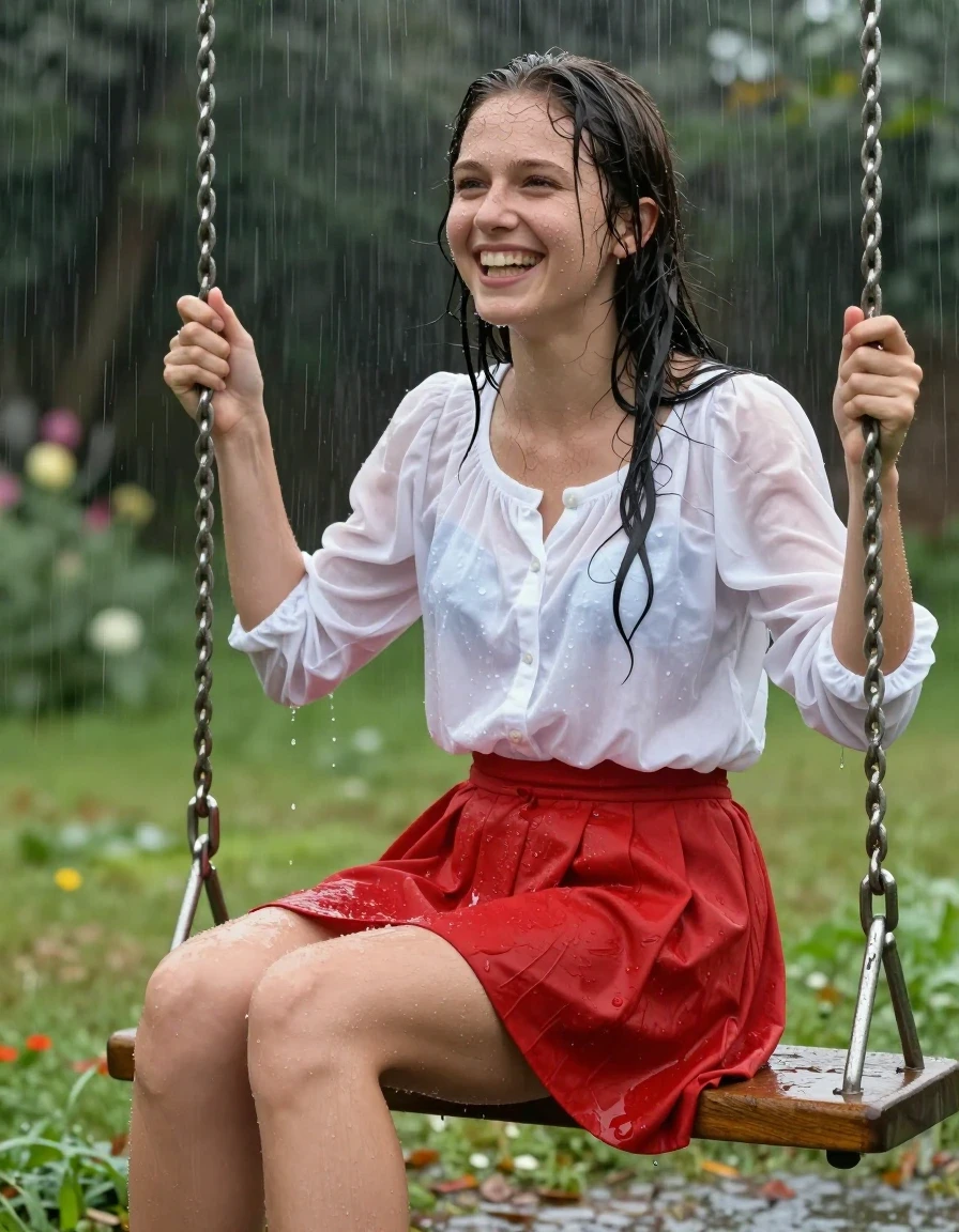 photo of young woman, in soaking wet, drenched clothes,
barfusses, roter kurzer Faltenrock aus Baumwolle, weißer Slip aus Seide., weisse Sommerbluse mit Puffärmeln, im Garten auf einer Schaukel, 
enjoying, wet clothes stuck to body,
detailed textures of the wet clothes, wet face, wet plastered hair,
wet, drenched, professional, high-quality details, full body view.
sharp focus, ultra-high pixel detail, realistic, high-quality, full colors, incredibly detailed, 4k, 8k, 16k, hyper-realistic, RAW photo, masterpiece, ultra-detailed, professionally color graded, professional photograph, Eine Schülerin sitzt voll bekleidet auf einer Schaukel im Regen, ihre Bekleidung ist völlig durchnässt und wirft Falten, sie hat ihre Beine weit gespreizt und an man sieht ihren weißen Slip aus Seide. Sie lacht fröhlich mit offenem Mund., wet skin, wet clothes, damp fabric
