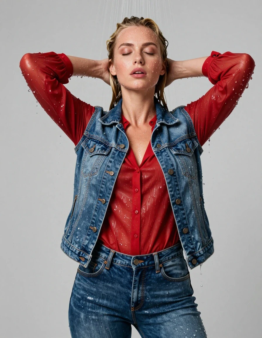 photo of young woman, in soaking wet, drenched clothes,
blue jeans, red blouse, jeans jachet, shower, 
enjoying, wet clothes stuck to body,
detailed textures of the wet clothes, wet face, wet plastered hair,
wet, drenched, professional, high-quality details, full body view.
sharp focus, ultra-high pixel detail, realistic, high-quality, full colors, incredibly detailed, 4k, 8k, 16k, hyper-realistic, RAW photo, masterpiece, ultra-detailed, professionally color graded, professional photograph, durchnässt, nasse haare, blond, ganzkörper, wet skin, wet clothes, damp fabric