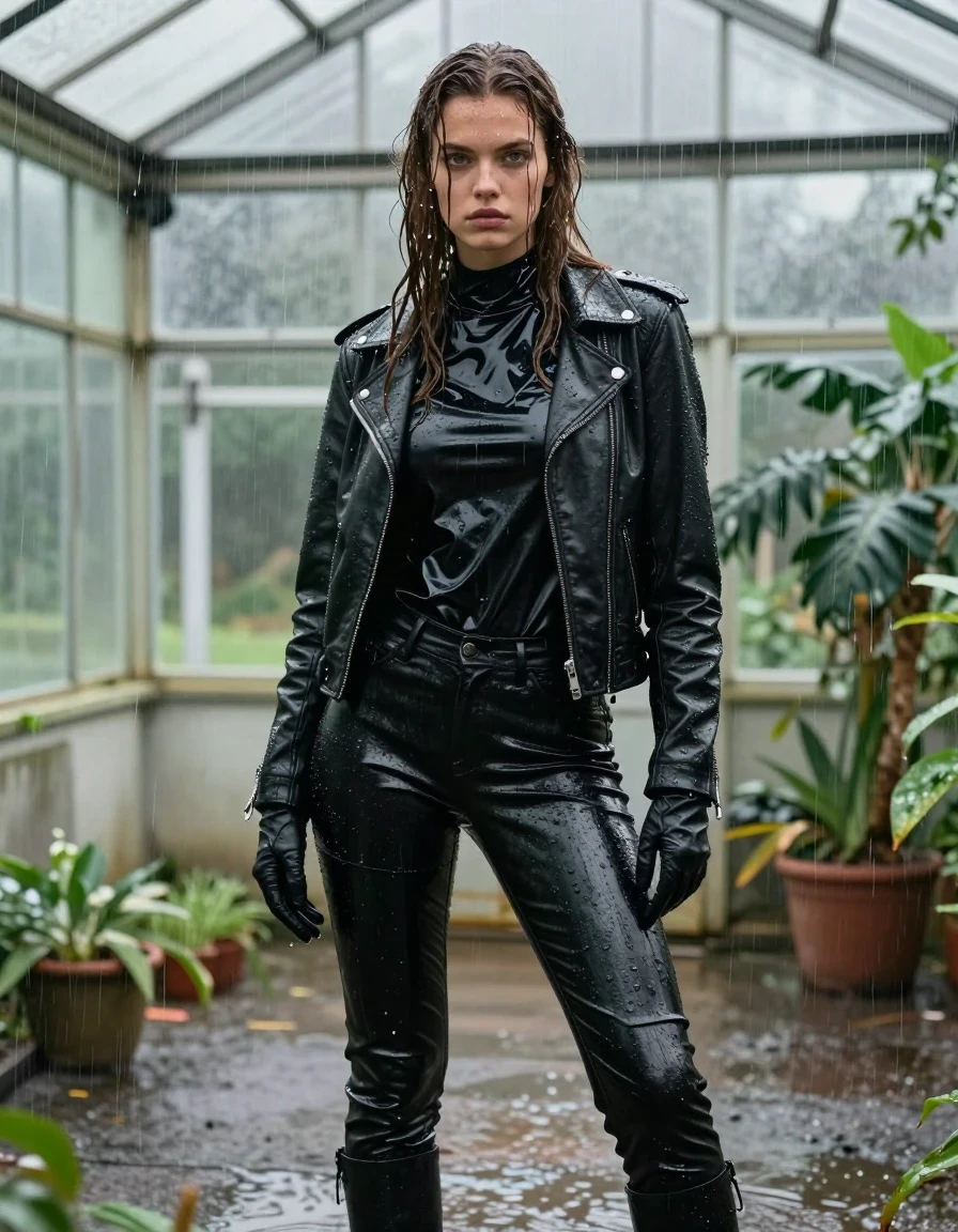 A stunning young adult European woman with long, dripping wet brown hair, standing in a greenhouse during a heavy rainstorm. She is wearing an oversize black vinyl polar neck shirt that clings to her frame with a high-gloss sheen, layered under a rugged black biker's leather jacket. Her legs are clad in black leather jeans, saturated and heavy with water, showing deep dark tones, textured creases, and sharp specular reflections from the downpour. She wears black leather gloves on both hands and black leather knee-high boots. The entire scene is drenched; her skin is glistening with water, her clothes are heavy and clinging with damp fabric, and water drips from her hair and garments. The greenhouse roof is leaking, with streams of rainwater pouring down around her. The lighting is moody and atmospheric, emphasizing the wet textures of the leather and vinyl against the glass and foliage. High-resolution photorealistic style, sharp focus on the wet textures, water droplets, and fabric folds, no nudity, clean and realistic anatomy.