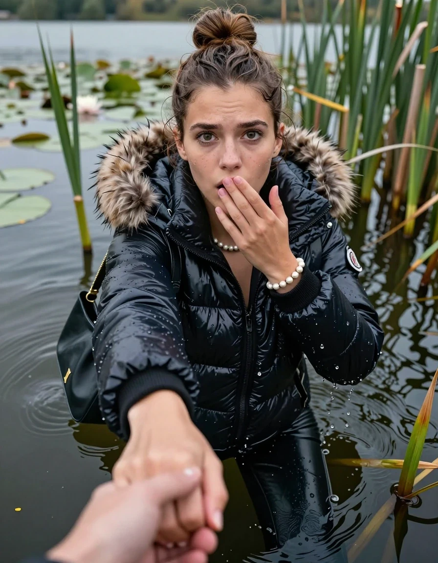 photo of young woman, in soaking wet, drenched clothes,
, black leatherleggings , Moncler shiny puffer down coat with fur, v-neck sweater, shoulderbag, pearl necklace, bracelet, wristwatch, Go back in the water after diving in a lake with water lilies and reeds, 
enjoying, wet clothes stuck to body,
detailed textures of the wet clothes, wet face, wet plastered hair,
wet, drenched, professional, high-quality details, full body view.
sharp focus, ultra-high pixel detail, realistic, high-quality, full colors, incredibly detailed, 4k, 8k, 16k, hyper-realistic, RAW photo, masterpiece, ultra-detailed, professionally color graded, professional photograph, Topknot

15 years old  teenage girl

Looking up, head in the neck, open mouth, big eyes. 0ne hand on her mouth, hold with the other the viewer's hand, pulling them toward the center of the water.  Whole body and shoulders are submerged under the surface. Looking up at camera. horny eyes.

she is completely underwater up to her neck,  afraid and sexuell astonished expression.

She hides in the reeds.

her submerged clothes are hardly vusible under water, she soaked her handbag into the water
she is completely underwater up to her neck, afraid and astonished expression. 

her clothing is soaking wet and clinging tightly to her skin, showing heavy wet folds, darkened fabric texture, and deep water-saturated Patches, her clothes are heavy from the water, water runs from her body and her clothes in streams. A lot of water also runs out of her clothes. Her clothes are darkened by the water. Her submerged clothes are good visible under the water.  she soaked her handbag into the water.

close up view, wet skin, wet clothes, wet hair, damp fabric, water runs down the clothes, wet skin, wet clothes, damp fabric. cinematic medium shot, hyper-realistic wetness, high-contrast water sheen, sharp focus, 16k resolution, professional photography, realistic water physics., wet skin, wet clothes, damp fabric, wet skin, wet clothes, damp fabric, wet skin, wet clothes, damp fabric