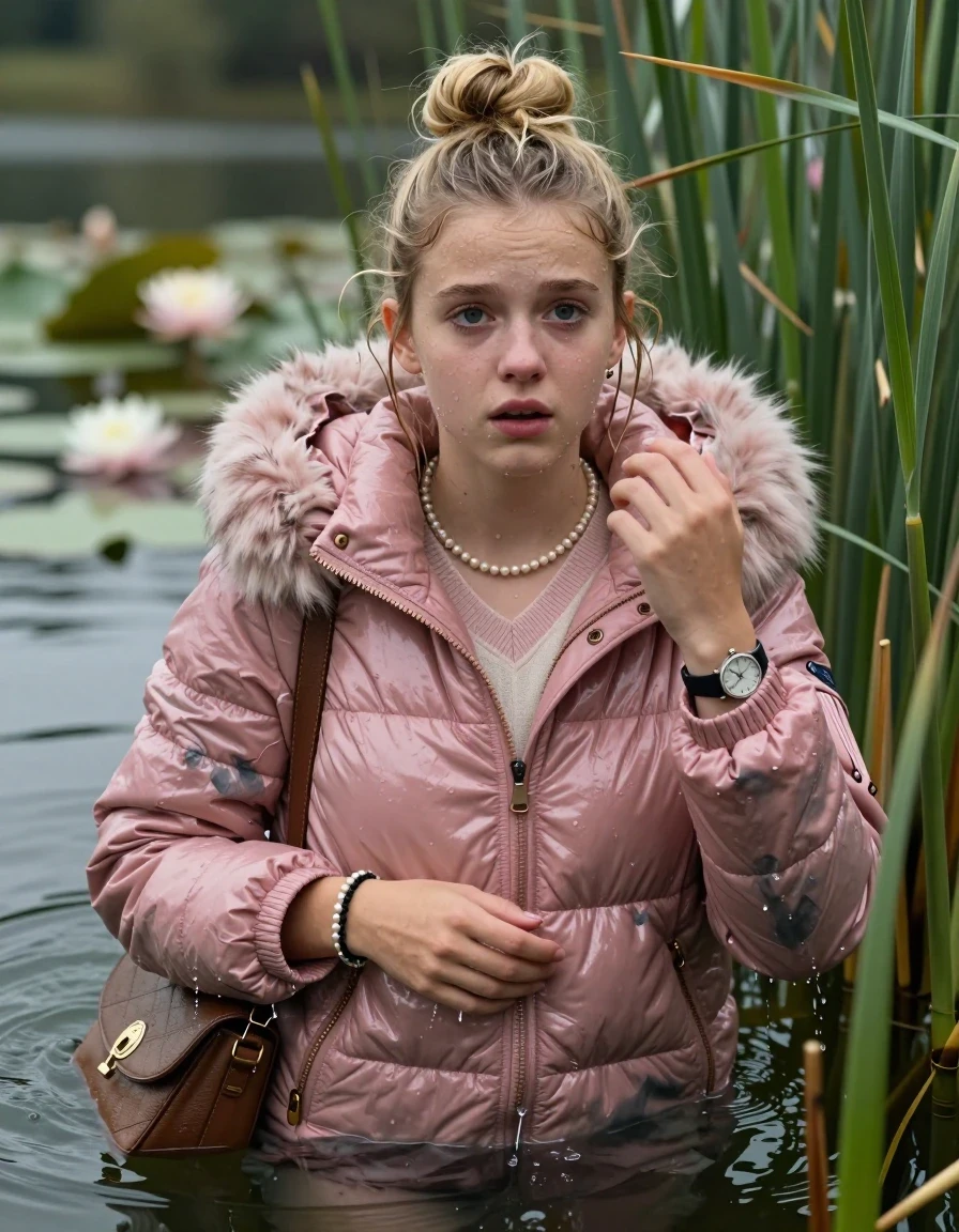 photo of young woman, in soaking wet, drenched clothes,
, , Pink Moncler shiny puffer down coat with fur, v-neck sweater, shoulderbag, pearl necklace, bracelet, wristwatch, Go back in the water after diving in a lake with water lilies and reeds, 
enjoying, wet clothes stuck to body,
detailed textures of the wet clothes, wet face, wet plastered hair,
wet, drenched, professional, high-quality details, full body view.
sharp focus, ultra-high pixel detail, realistic, high-quality, full colors, incredibly detailed, 4k, 8k, 16k, hyper-realistic, RAW photo, masterpiece, ultra-detailed, professionally color graded, professional photograph, Blonde Topknot

15 years old  teenage girl

Looking slightly away, open mouth, big eyes. hands up. Whole body and shoulders are submerged under the surface. Looking up at camera. horny eyes.

she is completely underwater up to her neck,  sad but enjoying expression.

She hides in the reeds.

her submerged clothes are hardly vusible under water, she soaked her handbag into the water
she is completely underwater up to her neck, afraid and astonished expression. 

her clothing is soaking wet and clinging tightly to her skin, showing heavy wet folds, darkened fabric texture, and deep water-saturated Patches, her clothes are heavy from the water, water runs from her body and her clothes in streams. A lot of water also runs out of her clothes. Her clothes are darkened by the water. Her submerged clothes are good visible under the water.  she soaked her handbag into the water.

close up view, wet skin, wet clothes, wet hair, damp fabric, water runs down the clothes, wet skin, wet clothes, damp fabric. cinematic medium shot, hyper-realistic wetness, high-contrast water sheen, sharp focus, 16k resolution, professional photography, realistic water physics., wet skin, wet clothes, damp fabric, wet skin, wet clothes, damp fabric, wet skin, wet clothes, damp fabric