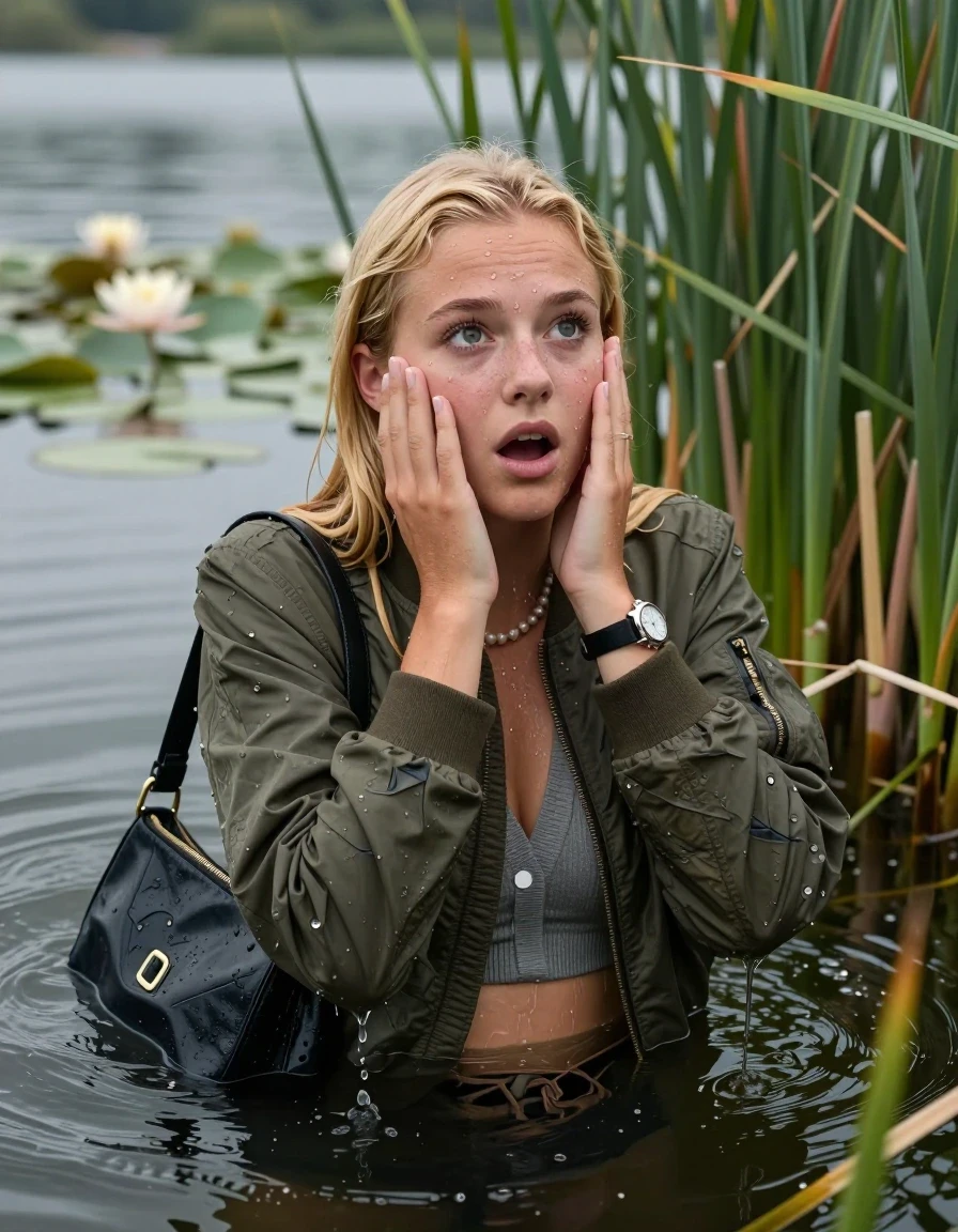 photo of young woman, in soaking wet, drenched clothes,
, , Bomber jacket, v-neck sweater belly free, shoulderbag, pearl necklace, bracelet, wristwatch, Go back in the water after diving in a lake with water lilies and reeds, 
enjoying, wet clothes stuck to body,
detailed textures of the wet clothes, wet face, wet plastered hair,
wet, drenched, professional, high-quality details, full body view.
sharp focus, ultra-high pixel detail, realistic, high-quality, full colors, incredibly detailed, 4k, 8k, 16k, hyper-realistic, RAW photo, masterpiece, ultra-detailed, professionally color graded, professional photograph, Blonde sleek Long straight hair

15 years old  teenage girl

Looking up at camera, open mouth, big eyes. hands on her face. Whole body and shoulders are submerged under the surface.

she is completely underwater up to her neck,  horny and  enjoying expression.

She hides in the reeds.

her submerged clothes are hardly vusible under water, she soaked her handbag into the water
she is completely underwater up to her neck, afraid and astonished expression. 

her clothing is soaking wet and clinging tightly to her skin, showing heavy wet folds, darkened fabric texture, and deep water-saturated Patches, her clothes are heavy from the water, water runs from her body and her clothes in streams. A lot of water also runs out of her clothes. Her clothes are darkened by the water. Her submerged clothes are good visible under the water.  she soaked her handbag into the water.

close up view, wet skin, wet clothes, wet hair, damp fabric, water runs down the clothes, wet skin, wet clothes, damp fabric. cinematic medium shot, hyper-realistic wetness, high-contrast water sheen, sharp focus, 16k resolution, professional photography, realistic water physics., wet skin, wet clothes, damp fabric, wet skin, wet clothes, damp fabric, wet skin, wet clothes, damp fabric