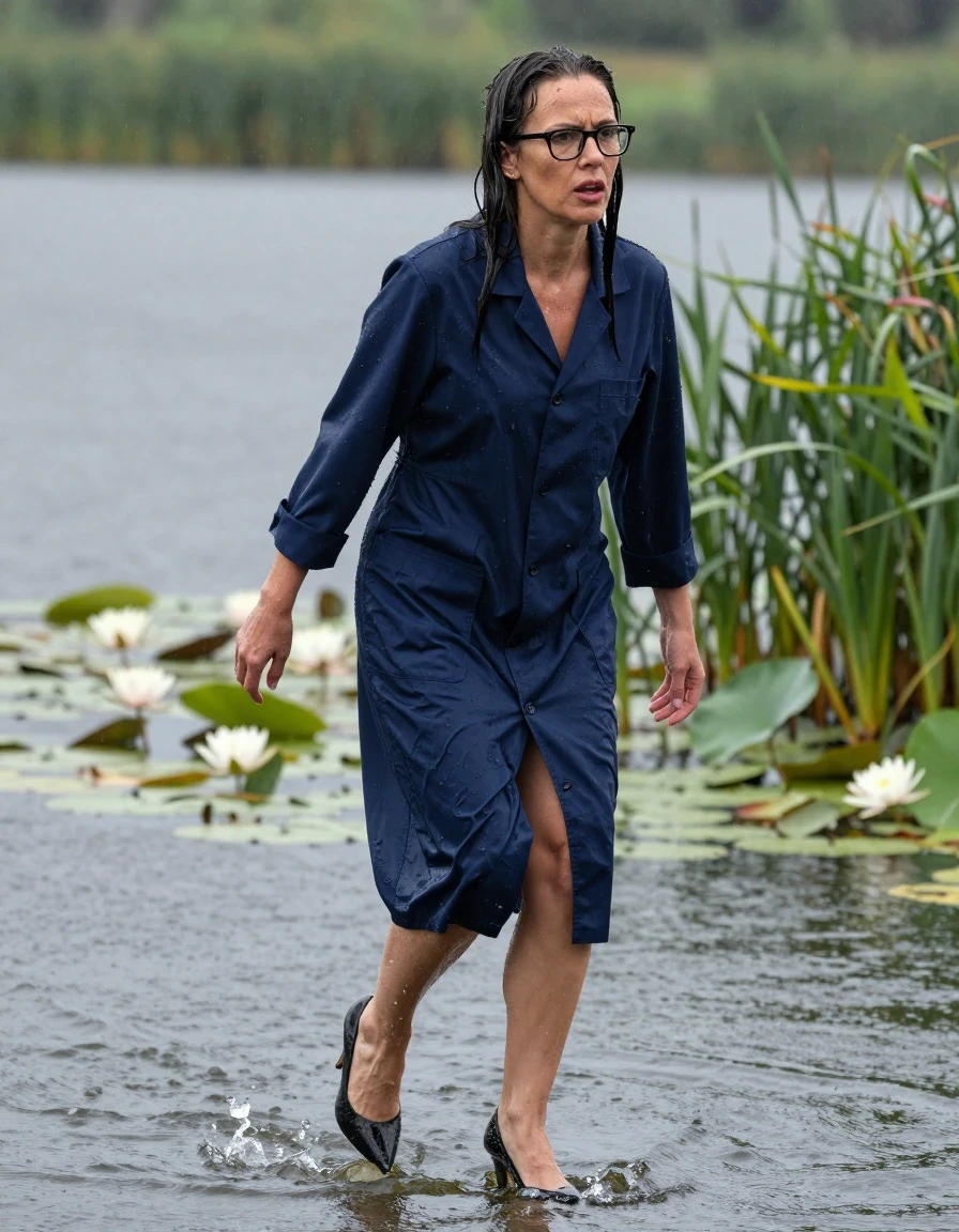 photo of young woman, in soaking wet, drenched clothes,
black shoes with high heels, maxi dark blue labcoat, maxi dark blue labcoat, Emerging submerged after diving in a lake with water lilies and reeds, rain,, enjoying wet clothes stuck body, enjoying, wet clothes stuck to body, 
enjoying, wet clothes stuck to body,
detailed textures of the wet clothes, wet face, wet plastered hair,
wet, drenched, professional, high-quality details, full body view.
sharp focus, ultra-high pixel detail, realistic, high-quality, full colors, incredibly detailed, 4k, 8k, 16k, hyper-realistic, RAW photo, masterpiece, ultra-detailed, professionally color graded, professional photograph, europen brunette skinny woman 50 years old, long dark black hair, office glasses, very big and thick lips, complete body, wet skin, wet clothes, damp fabric, wet skin, wet clothes, damp fabric, wet skin, wet clothes, damp fabric, wet skin, wet clothes, damp fabric, wet skin, wet clothes, damp fabric, wet skin, wet clothes, damp fabric, wet skin, wet clothes, damp fabric