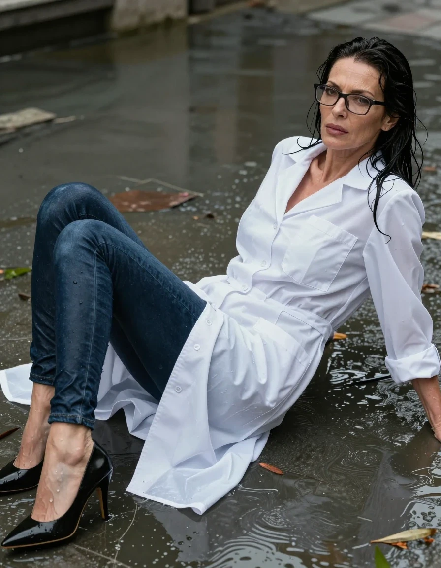 photo of young woman, in soaking wet, drenched clothes,
black shoes with high heels, long dark blue leather jeans, maxi white labcoat, lying in the water, enjoying wet clothes stuck body, enjoying, wet clothes stuck to body, 
enjoying, wet clothes stuck to body,
detailed textures of the wet clothes, wet face, wet plastered hair,
wet, drenched, professional, high-quality details, full body view.
sharp focus, ultra-high pixel detail, realistic, high-quality, full colors, incredibly detailed, 4k, 8k, 16k, hyper-realistic, RAW photo, masterpiece, ultra-detailed, professionally color graded, professional photograph, europen brunette skinny woman 50 years old, long dark black hair, office glasses, very big and thick lips, complete body, wet skin, wet clothes, damp fabric, wet skin, wet clothes, damp fabric, wet skin, wet clothes, damp fabric, wet skin, wet clothes, damp fabric, wet skin, wet clothes, damp fabric, wet skin, wet clothes, damp fabric, wet skin, wet clothes, damp fabric