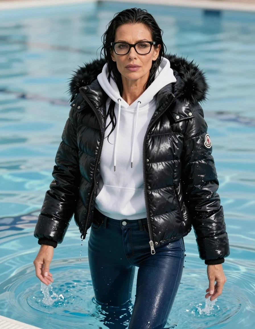 photo of young woman, in soaking wet, drenched clothes,
high-heeled boots, long dark blue leather jeans, white hoodie, maxi black Moncler Shiny puffer down jacket with fur, swimming under water, enjoying wet clothes stuck body, enjoying, wet clothes stuck to body, 
enjoying, wet clothes stuck to body,
detailed textures of the wet clothes, wet face, wet plastered hair,
wet, drenched, professional, high-quality details, full body view.
sharp focus, ultra-high pixel detail, realistic, high-quality, full colors, incredibly detailed, 4k, 8k, 16k, hyper-realistic, RAW photo, masterpiece, ultra-detailed, professionally color graded, professional photograph, europen brunette skinny woman 50 years old, long dark black hair, office glasses, very big and thick lips, complete body, wet skin, wet clothes, damp fabric, wet skin, wet clothes, damp fabric, wet skin, wet clothes, damp fabric, wet skin, wet clothes, damp fabric, wet skin, wet clothes, damp fabric, wet skin, wet clothes, damp fabric, wet skin, wet clothes, damp fabric
