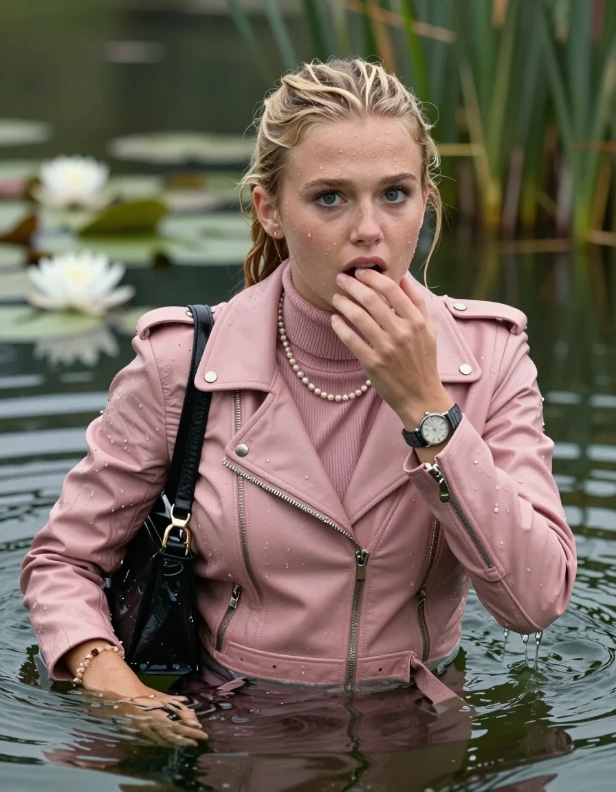 photo of young woman, in soaking wet, drenched clothes,
, , Light pink Biker leatherjacket, tight turtleneck sweater belly free, shoulderbag, pearl necklace, bracelet, wristwatch, Swimming and drowning deep into the water after diving in a lake with water lilies and reeds, 
enjoying, wet clothes stuck to body,
detailed textures of the wet clothes, wet face, wet plastered hair,
wet, drenched, professional, high-quality details, full body view.
sharp focus, ultra-high pixel detail, realistic, high-quality, full colors, incredibly detailed, 4k, 8k, 16k, hyper-realistic, RAW photo, masterpiece, ultra-detailed, professionally color graded, professional photograph, Blonde Sleek ponytail 

15 years old  teenage girl

Looking up at camera, Whole body and shoulders are submerged under the surface. horny eyes. One hand on her mouth.

she is completely underwater up to her neck,  afraid and astonished expression. 

Threatens to drown.  Swimming Movements with Her Arms.

her submerged clothes are hardly vusible under water, she soaked her handbag into the water
she is completely underwater up to her neck, afraid and astonished expression. 

her clothing is soaking wet and clinging tightly to her skin, showing heavy wet folds, darkened fabric texture, and deep water-saturated Patches, her clothes are heavy from the water, water runs from her body and her clothes in streams. A lot of water also runs out of her clothes. Her clothes are darkened by the water. Her submerged clothes are good visible under the water.  she soaked her handbag into the water.

close up view, wet skin, wet clothes, wet hair, damp fabric, water runs down the clothes, wet skin, wet clothes, damp fabric. cinematic medium shot, hyper-realistic wetness, high-contrast water sheen, sharp focus, 16k resolution, professional photography, realistic water physics., wet skin, wet clothes, damp fabric, wet skin, wet clothes, damp fabric, wet skin, wet clothes, damp fabric