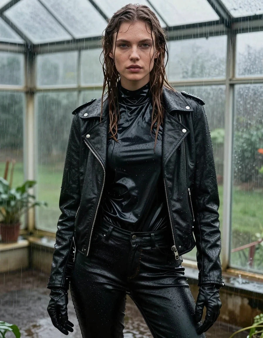 A photorealistic close-up portrait of a young adult European woman with long, dripping wet brown hair and glistening wet skin. She is wearing an oversized black vinyl polar neck shirt with a high-gloss sheen, layered under a rugged black biker leather jacket, with black leather gloves on both hands. She is dressed in black leather jeans that cling to her legs with heavy wet folds, sheen, and visible texture. She is standing inside a greenhouse during a torrential downpour, with water leaking through the glass panes and drenching her completely. The atmosphere is filled with heavy rain, creating a pervasive wet look across all surfaces. The lighting is moody and natural, highlighting the water droplets on her skin and the saturated, dark, clinging textures of the leather and vinyl. The composition is a tight close-up focusing on her face and upper torso, emphasizing the raw, soaked aesthetic. Everything is fully clothed, maintaining a modest appearance throughout the scene.