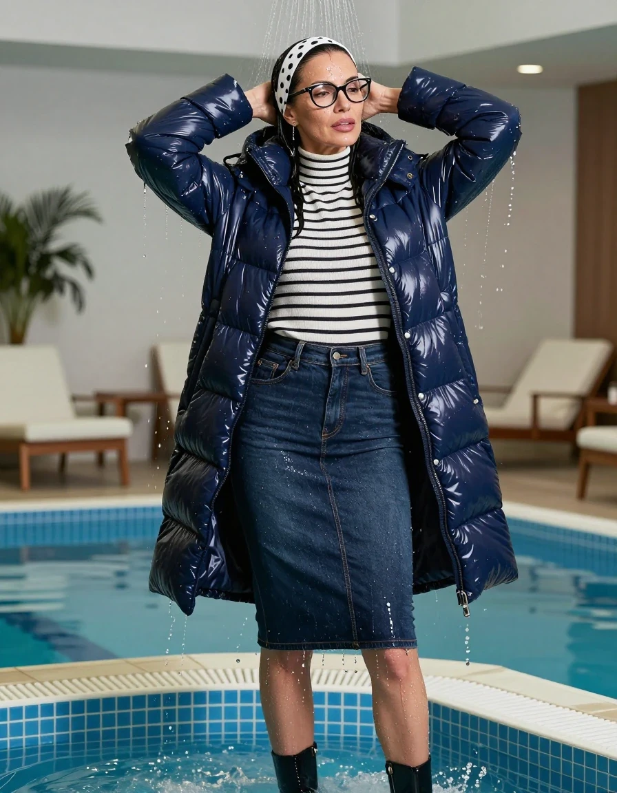 photo of young woman, in soaking wet, drenched clothes,
high-heeled boots, midi dark blue denim skirt, white & black striped high-neck sweater, maxi dark blue Moncler Shiny puffer down jacket, taking shower after bath in indoor swimming pool, enjoying wet clothes stuck body, enjoying, wet clothes stuck to body, 
enjoying, wet clothes stuck to body,
detailed textures of the wet clothes, wet face, wet plastered hair,
wet, drenched, professional, high-quality details, full body view.
sharp focus, ultra-high pixel detail, realistic, high-quality, full colors, incredibly detailed, 4k, 8k, 16k, hyper-realistic, RAW photo, masterpiece, ultra-detailed, professionally color graded, professional photograph, europen brunette skinny woman 50 years old, long dark black hair, white headband with black polka dots, office glasses, very big and thick lips, complete body, wet skin, wet clothes, damp fabric, wet skin, wet clothes, damp fabric, wet skin, wet clothes, damp fabric, wet skin, wet clothes, damp fabric, wet skin, wet clothes, damp fabric, wet skin, wet clothes, damp fabric, wet skin, wet clothes, damp fabric