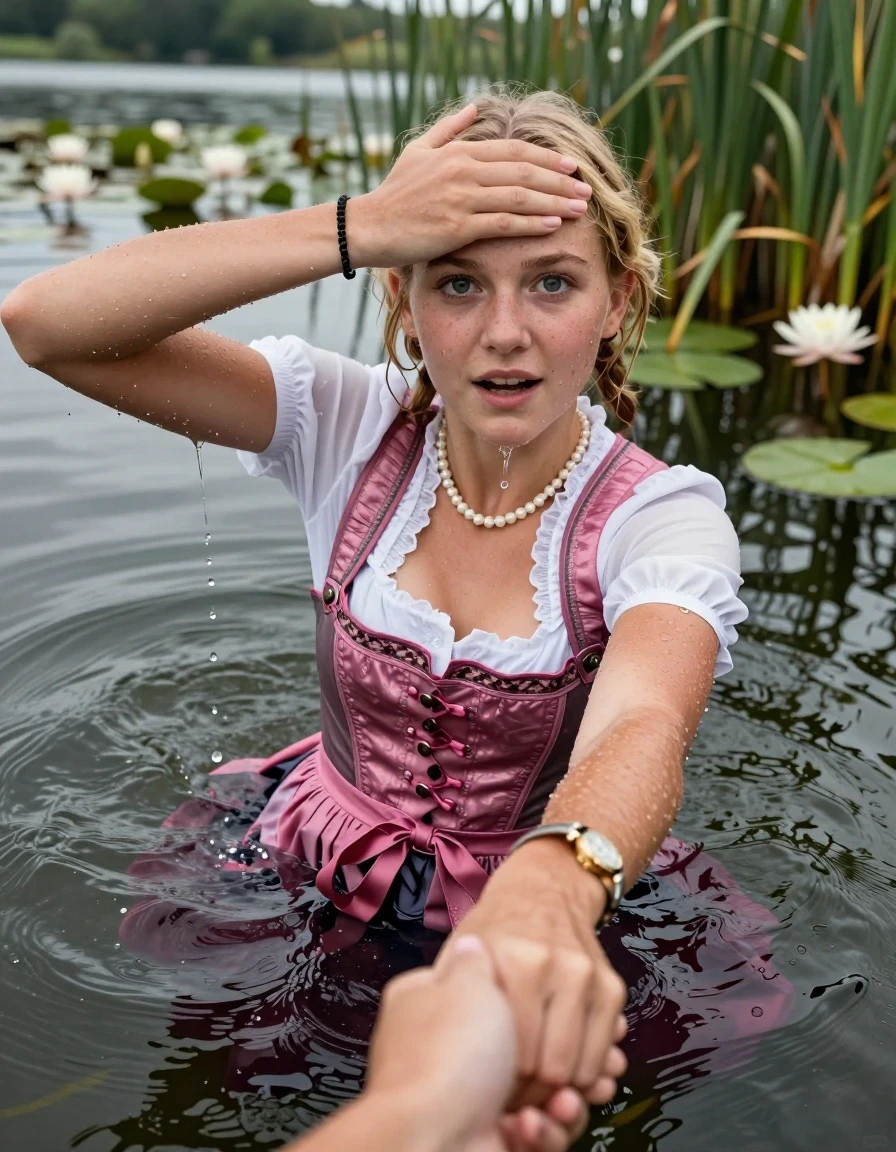photo of young woman, in soaking wet, drenched clothes,
, , Short pink and white Dirndl, shoulderbag, pearl necklace, bracelet, wristwatch, Go back deep into the water after diving in a lake with water lilies and reeds, 
enjoying, wet clothes stuck to body,
detailed textures of the wet clothes, wet face, wet plastered hair,
wet, drenched, professional, high-quality details, full body view.
sharp focus, ultra-high pixel detail, realistic, high-quality, full colors, incredibly detailed, 4k, 8k, 16k, hyper-realistic, RAW photo, masterpiece, ultra-detailed, professionally color graded, professional photograph, Blonde Pigtails

15 years old  teenage girl

Looking up at camera, open mouth, big eyes. hold with a hand the other the viewer's hand, pulling them toward the center of the water. One hand in front of her forehead. Whole body and shoulders are submerged under the surface. Looking up at camera. horny eyes.

she is completely underwater up to her neck,  afraid and astonished expression. Slightly smile.

her submerged clothes are hardly vusible under water, she soaked her handbag into the water
she is completely underwater up to her neck, afraid and astonished expression. 

her clothing is soaking wet and clinging tightly to her skin, showing heavy wet folds, darkened fabric texture, and deep water-saturated Patches, her clothes are heavy from the water, water runs from her body and her clothes in streams. A lot of water also runs out of her clothes. Her clothes are darkened by the water. Her submerged clothes are good visible under the water.  she soaked her handbag into the water.

close up view, wet skin, wet clothes, wet hair, damp fabric, water runs down the clothes, wet skin, wet clothes, damp fabric. cinematic medium shot, hyper-realistic wetness, high-contrast water sheen, sharp focus, 16k resolution, professional photography, realistic water physics., wet skin, wet clothes, damp fabric, wet skin, wet clothes, damp fabric, wet skin, wet clothes, damp fabric