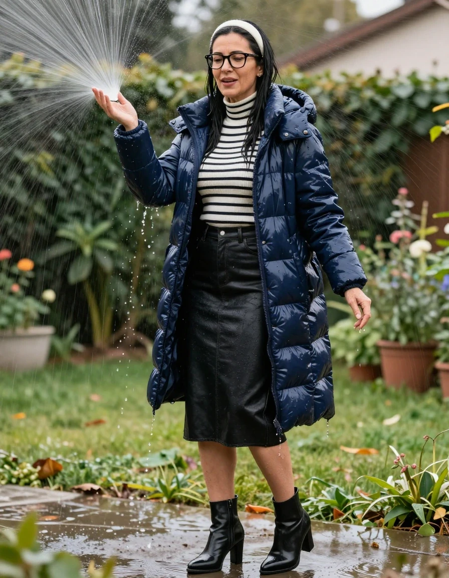photo of young woman, in soaking wet, drenched clothes,
high-heeled boots, midi black leather denim skirt, white & black striped high-neck sweater, maxi dark blue Shiny puffer down jacket, under sprinklers in sunny garden, enjoying wet clothes stuck body, enjoying, wet clothes stuck to body, 
enjoying, wet clothes stuck to body,
detailed textures of the wet clothes, wet face, wet plastered hair,
wet, drenched, professional, high-quality details, full body view.
sharp focus, ultra-high pixel detail, realistic, high-quality, full colors, incredibly detailed, 4k, 8k, 16k, hyper-realistic, RAW photo, masterpiece, ultra-detailed, professionally color graded, professional photograph, europen brunette skinny woman 50 years old, long dark black hair, white headband, office glasses, very big and thick lips, complete body, wet skin, wet clothes, damp fabric, wet skin, wet clothes, damp fabric, wet skin, wet clothes, damp fabric, wet skin, wet clothes, damp fabric, wet skin, wet clothes, damp fabric, wet skin, wet clothes, damp fabric, wet skin, wet clothes, damp fabric