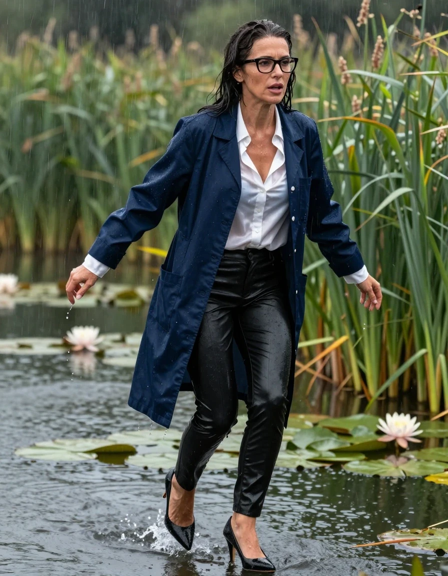 photo of young woman, in soaking wet, drenched clothes,
black shoes with high heels, long black leather trousers, white silk satin shirt, maxi dark blue labcoat, Emerging after diving in a lake with water lilies and reeds, rain,, enjoying wet clothes stuck body, enjoying, wet clothes stuck to body, 
enjoying, wet clothes stuck to body,
detailed textures of the wet clothes, wet face, wet plastered hair,
wet, drenched, professional, high-quality details, full body view.
sharp focus, ultra-high pixel detail, realistic, high-quality, full colors, incredibly detailed, 4k, 8k, 16k, hyper-realistic, RAW photo, masterpiece, ultra-detailed, professionally color graded, professional photograph, europen brunette skinny woman 50 years old, long dark black hair, office glasses, very big and thick lips, complete body, wet skin, wet clothes, damp fabric, wet skin, wet clothes, damp fabric, wet skin, wet clothes, damp fabric, wet skin, wet clothes, damp fabric, wet skin, wet clothes, damp fabric, wet skin, wet clothes, damp fabric, wet skin, wet clothes, damp fabric