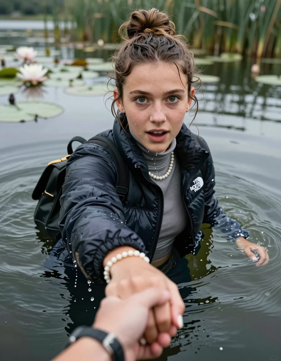 photo of young woman, in soaking wet, drenched clothes,
, , North face puffer down jacket, tight turtleneck sweater belly free, shoulderbag, pearl necklace, bracelet, wristwatch, Go back deep into the water after diving in a lake with water lilies and reeds, 
enjoying, wet clothes stuck to body,
detailed textures of the wet clothes, wet face, wet plastered hair,
wet, drenched, professional, high-quality details, full body view.
sharp focus, ultra-high pixel detail, realistic, high-quality, full colors, incredibly detailed, 4k, 8k, 16k, hyper-realistic, RAW photo, masterpiece, ultra-detailed, professionally color graded, professional photograph, Topknot

15 years old  teenage girl

Looking up at camera, open mouth, big eyes. hold with a hand the other the viewer's hand, pulling them toward the center of the water. One hand in front of her face. Whole body and shoulders are submerged under the surface. Looking up at camera. horny eyes.

she is completely underwater up to her neck,  afraid and astonished expression. Slightly smile.

her submerged clothes are hardly vusible under water, she soaked her handbag into the water
she is completely underwater up to her neck, afraid and astonished expression. 

her clothing is soaking wet and clinging tightly to her skin, showing heavy wet folds, darkened fabric texture, and deep water-saturated Patches, her clothes are heavy from the water, water runs from her body and her clothes in streams. A lot of water also runs out of her clothes. Her clothes are darkened by the water. Her submerged clothes are good visible under the water.  she soaked her handbag into the water.

close up view, wet skin, wet clothes, wet hair, damp fabric, water runs down the clothes, wet skin, wet clothes, damp fabric. cinematic medium shot, hyper-realistic wetness, high-contrast water sheen, sharp focus, 16k resolution, professional photography, realistic water physics., wet skin, wet clothes, damp fabric, wet skin, wet clothes, damp fabric, wet skin, wet clothes, damp fabric