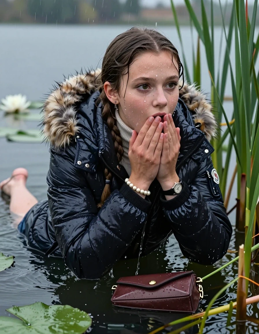 photo of young woman, in soaking wet, drenched clothes,
, , Moncler shiny puffer down jacket with fur, tight turtleneck sweater with wide neckline belly free, handbag, pearl necklace, bracelet, wristwatch , Emerging after diving in a lake with water lilies and reeds, rain , 
enjoying, wet clothes stuck to body,
detailed textures of the wet clothes, wet face, wet plastered hair,
wet, drenched, professional, high-quality details, full body view.
sharp focus, ultra-high pixel detail, realistic, high-quality, full colors, incredibly detailed, 4k, 8k, 16k, hyper-realistic, RAW photo, masterpiece, ultra-detailed, professionally color graded, professional photograph, Pigtails

15 years old  teenage girl

Laying her breast on the surface.  Looking slightly away. Hold her hands on her mouth.Open mouth, big eyes. Water running down her face and neck and clothes.

she is completely underwater up to her neck, afraid and astonished expression. 

She hides in the reeds and is surprised by spectators

her submerged clothes are hardly visible under water, she soaked her handbag into the water

her clothing is soaking wet and clinging tightly to her skin, showing heavy wet folds, darkened fabric texture, and deep water-saturated Patches, her clothes are heavy from the water, water runs from her body and her clothes in streams. A lot of water also runs out of her clothes. Her clothes are darkened by the water. Her submerged clothes are good visible under the water.  she soaked her handbag into the water.

close up view, wet skin, wet clothes, wet hair, damp fabric, water runs down the clothes, wet skin, wet clothes, damp fabric. cinematic medium shot, hyper-realistic wetness, high-contrast water sheen, sharp focus, 16k resolution, professional photography, realistic water physics., wet skin, wet clothes, damp fabric, wet skin, wet clothes, damp fabric