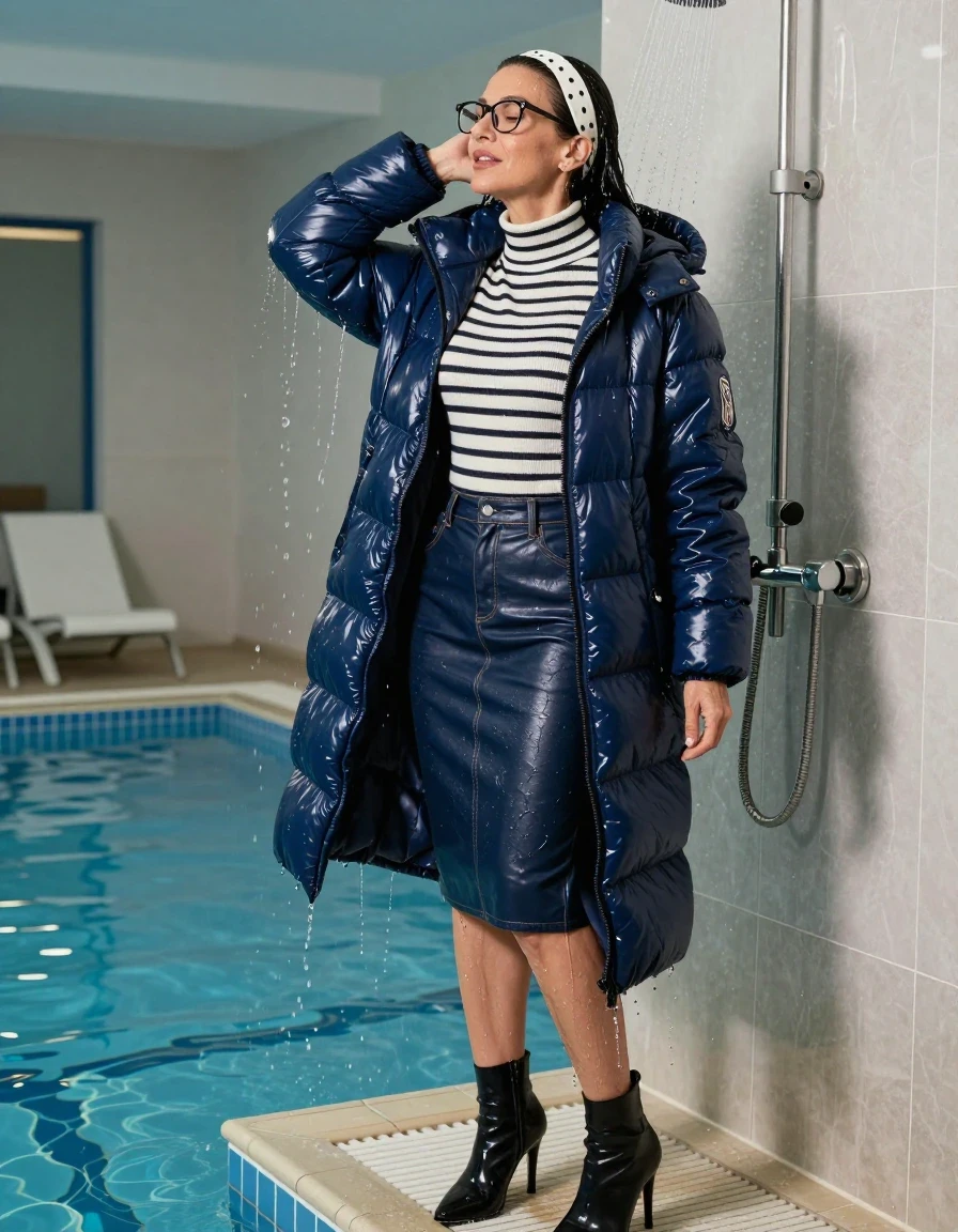 photo of young woman, in soaking wet, drenched clothes,
high-heeled boots, midi dark blue leather denim skirt, white & black striped high-neck sweater, maxi dark blue Shiny puffer down jacket, taking shower after bath in indoor swimming pool, enjoying wet clothes stuck body, enjoying, wet clothes stuck to body, 
enjoying, wet clothes stuck to body,
detailed textures of the wet clothes, wet face, wet plastered hair,
wet, drenched, professional, high-quality details, full body view.
sharp focus, ultra-high pixel detail, realistic, high-quality, full colors, incredibly detailed, 4k, 8k, 16k, hyper-realistic, RAW photo, masterpiece, ultra-detailed, professionally color graded, professional photograph, europen brunette skinny woman 50 years old, long dark black hair, white headband with black polka dots, office glasses, very big and thick lips, complete body, wet skin, wet clothes, damp fabric, wet skin, wet clothes, damp fabric, wet skin, wet clothes, damp fabric, wet skin, wet clothes, damp fabric, wet skin, wet clothes, damp fabric, wet skin, wet clothes, damp fabric, wet skin, wet clothes, damp fabric