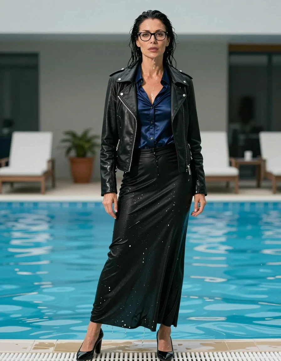 photo of young woman, in soaking wet, drenched clothes,
black shoes, maxi black skirt , dark blue silk satin shirt with long sleeves, black leather byker jacket, after swim in pool, enjoying wet clothes stuck body, enjoying, wet clothes stuck to body, 
enjoying, wet clothes stuck to body,
detailed textures of the wet clothes, wet face, wet plastered hair,
wet, drenched, professional, high-quality details, full body view.
sharp focus, ultra-high pixel detail, realistic, high-quality, full colors, incredibly detailed, 4k, 8k, 16k, hyper-realistic, RAW photo, masterpiece, ultra-detailed, professionally color graded, professional photograph, europen brunette skinny woman 50 years old, long dark black hair, office glasses, very big and thick lips, complete body, wet skin, wet clothes, damp fabric, wet skin, wet clothes, damp fabric, wet skin, wet clothes, damp fabric, wet skin, wet clothes, damp fabric, wet skin, wet clothes, damp fabric, wet skin, wet clothes, damp fabric, wet skin, wet clothes, damp fabric