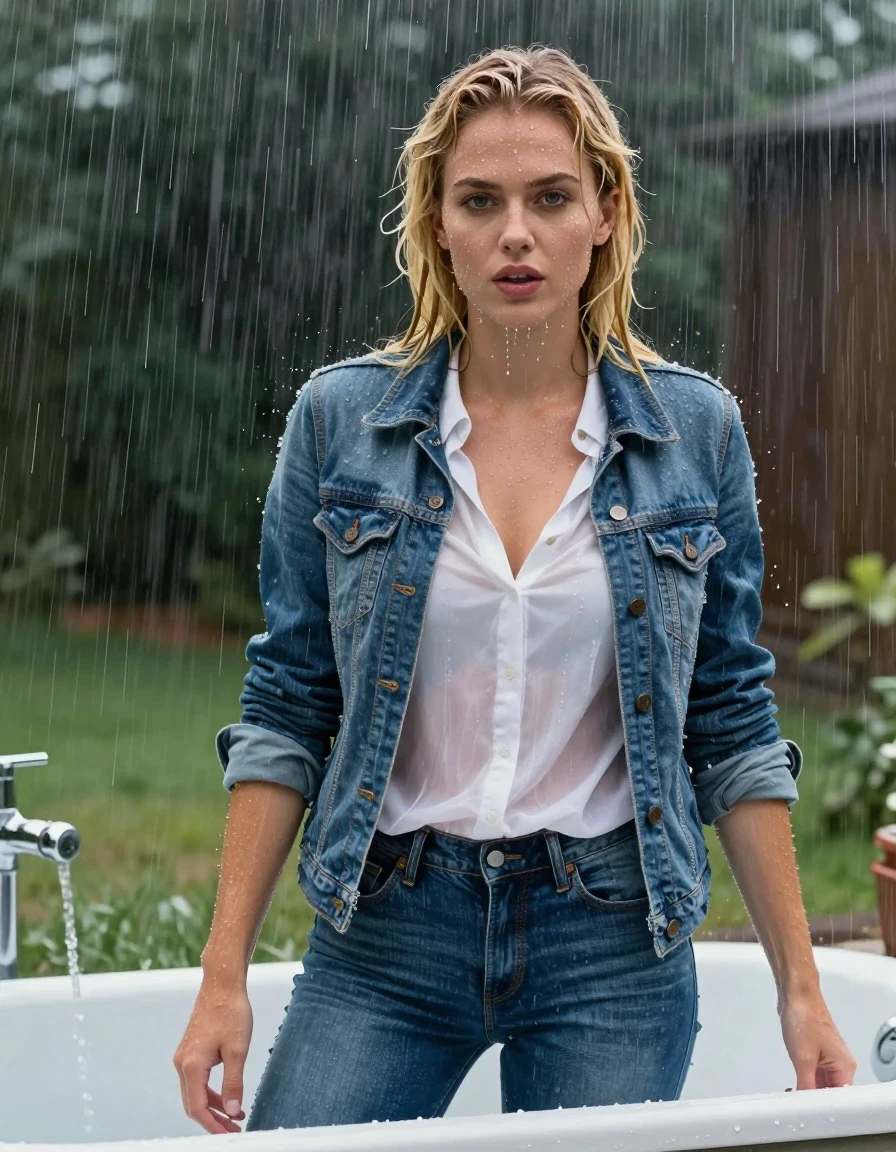 photo of young woman, in soaking wet, drenched clothes,
blue jeans, white shirt blouse, jeans jacket, tub, 
enjoying, wet clothes stuck to body,
detailed textures of the wet clothes, wet face, wet plastered hair,
wet, drenched, professional, high-quality details, full body view.
sharp focus, ultra-high pixel detail, realistic, high-quality, full colors, incredibly detailed, 4k, 8k, 16k, hyper-realistic, RAW photo, masterpiece, ultra-detailed, professionally color graded, professional photograph, dripping wet, heavy rain, nasse haare, blond, ganzkörper, wet skin, wet clothes, damp fabric
