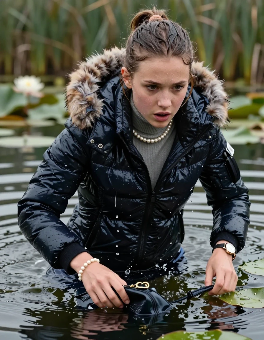 photo of young woman, in soaking wet, drenched clothes,
, , Moncler shiny puffer down jacket with fur, tight turtleneck sweater belly free, shoulderbag, pearl necklace, bracelet, wristwatch, Swimming and sinking deep into the water after diving in a lake with water lilies and reeds, 
enjoying, wet clothes stuck to body,
detailed textures of the wet clothes, wet face, wet plastered hair,
wet, drenched, professional, high-quality details, full body view.
sharp focus, ultra-high pixel detail, realistic, high-quality, full colors, incredibly detailed, 4k, 8k, 16k, hyper-realistic, RAW photo, masterpiece, ultra-detailed, professionally color graded, professional photograph, Sleek ponytail 

15 years old  teenage girl

Looking up at camera, Whole body and shoulders are submerged under the surface. horny eyes.

she is completely underwater up to her neck,  fearful and shocked expression. 

Leaning forward. Swimming Movements with Her Arms.

her submerged clothes are hardly vusible under water, she soaked her handbag into the water
she is completely underwater up to her neck, afraid and astonished expression. 

her clothing is soaking wet and clinging tightly to her skin, showing heavy wet folds, darkened fabric texture, and deep water-saturated Patches, her clothes are heavy from the water, water runs from her body and her clothes in streams. A lot of water also runs out of her clothes. Her clothes are darkened by the water. Her submerged clothes are good visible under the water.  she soaked her handbag into the water.

close up view, wet skin, wet clothes, wet hair, damp fabric, water runs down the clothes, wet skin, wet clothes, damp fabric. cinematic medium shot, hyper-realistic wetness, high-contrast water sheen, sharp focus, 16k resolution, professional photography, realistic water physics., wet skin, wet clothes, damp fabric, wet skin, wet clothes, damp fabric, wet skin, wet clothes, damp fabric