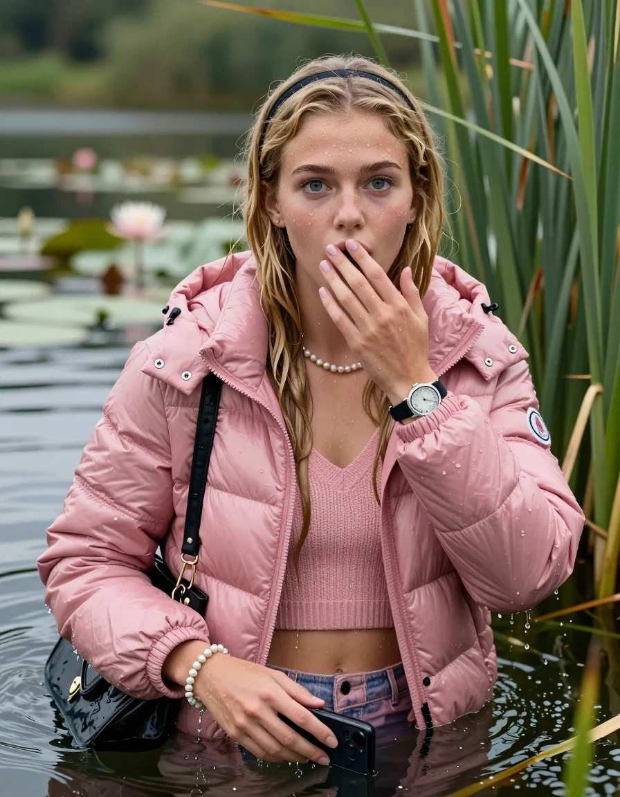 photo of young woman, in soaking wet, drenched clothes,
, , Pink Moncler shiny puffer down jacket, Knit v-neck slipover belly free, shoulderbag, pearl necklace, bracelet, wristwatch, Go back in the water after diving in a lake with water lilies and reeds, 
enjoying, wet clothes stuck to body,
detailed textures of the wet clothes, wet face, wet plastered hair,
wet, drenched, professional, high-quality details, full body view.
sharp focus, ultra-high pixel detail, realistic, high-quality, full colors, incredibly detailed, 4k, 8k, 16k, hyper-realistic, RAW photo, masterpiece, ultra-detailed, professionally color graded, professional photograph, Blonde sleek Long straight hair, hairband

15 years old  teenage girl

Looking at camera, open mouth, horny eyes. Cover her mouth with her hand. Whole body and shoulders are submerged under the surface.

she is completely underwater up to her neck,  shocked expression.

She hides in the reeds.

her submerged clothes are hardly visible under water, she soaked her handbag into the water. 

her clothing is soaking wet and clinging tightly to her skin, her clothes are heavy from the water, water runs from her body and her clothes in streams. A lot of water also runs out of her clothes. Her clothes are darkened by the water. Her submerged clothes are good visible under the water.  she soaked her handbag into the water.

close up view, wet skin, wet clothes, wet hair, damp fabric, water runs down the clothes, wet skin, wet clothes, damp fabric. cinematic medium shot, hyper-realistic wetness, high-contrast water sheen, sharp focus, 16k resolution, professional photography, realistic water physics., wet skin, wet clothes, damp fabric, wet skin, wet clothes, damp fabric, wet skin, wet clothes, damp fabric, wet skin, wet clothes, damp fabric