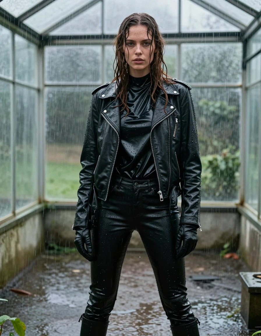 A photorealistic, full-body portrait of a young adult European woman with long dripping wet brown hair, standing inside a leaking greenhouse during a torrential downpour. She is wearing an oversized black vinyl polar neck shirt that clings to her frame, layered under a heavy black biker leather jacket, with black leather gloves on her hands. She wears black leather jeans tucked into black leather knee-high boots. Her skin is glistening with rainwater, and her clothes are visibly drenched, heavy, and clinging to her body with realistic damp fabric textures and water sheen. The environment is dark and atmospheric, with rain pouring through gaps in the greenhouse glass, creating a heavy, wet, and moody scene. The lighting is cold and natural, highlighting the glossy specular reflections on the wet vinyl, leather, and skin. High-detail photography, 8k resolution, sharp focus on textures, cinematic lighting.
